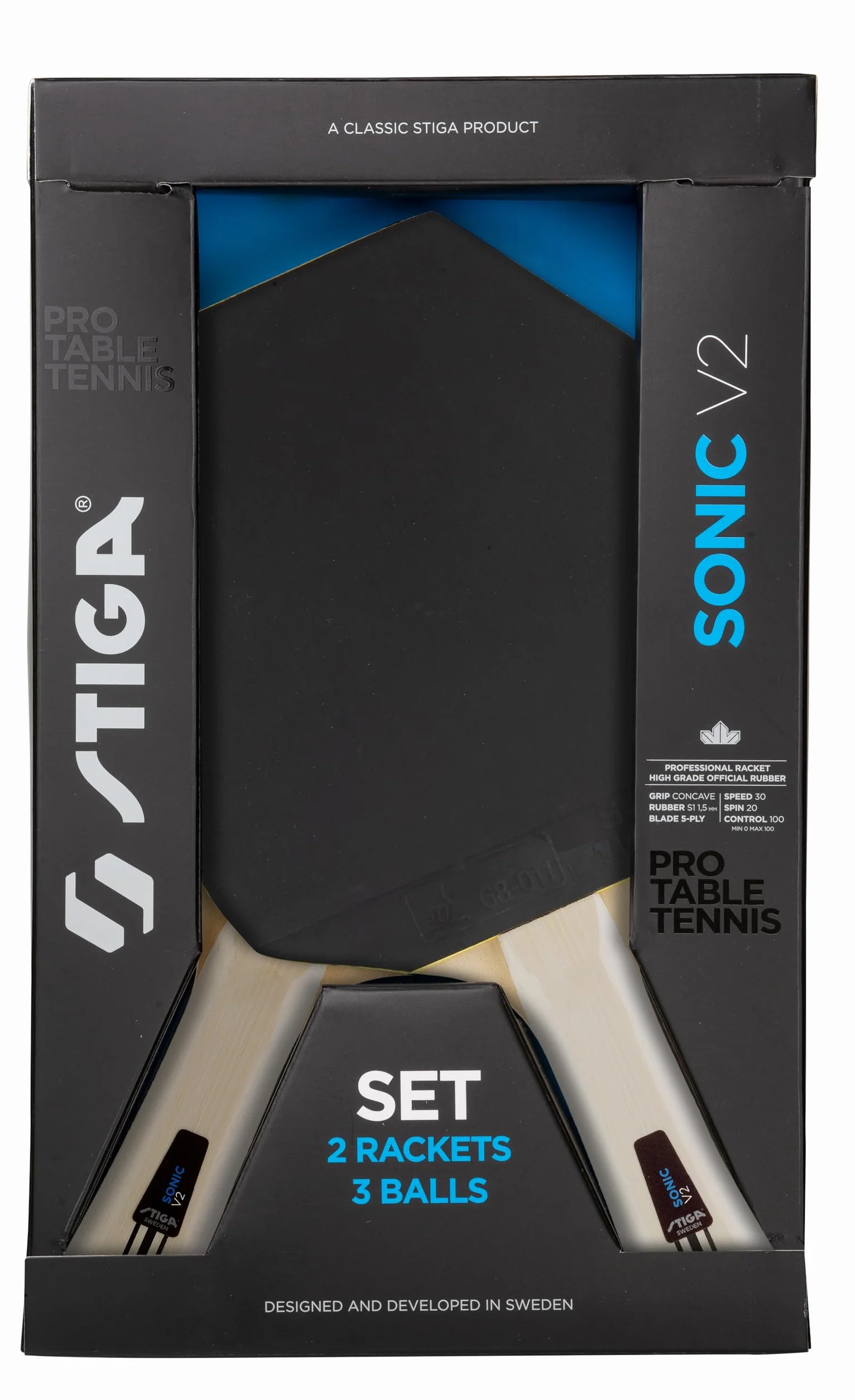 STIGA Sonic V2 Set de Tenis de Mesa Dos Raquetas Cybershape y Tres Pelotas, Goma aprobada por la ITTF, Principiantes, Familias y Jugadores Ocasionales