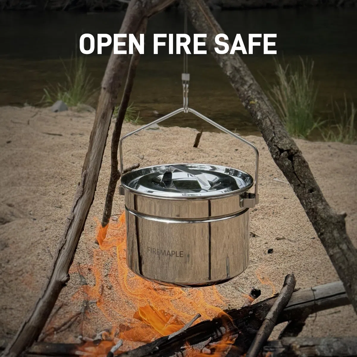 Fire-Maple Antarcti Olla de Camping de 1.8L de Acero Inoxidable con Cestillo para Cocción al Vapor, Olla Colgante para Fuego de Campamento con Asa Plegable para Cocina al Aire Libre y Bushcraft