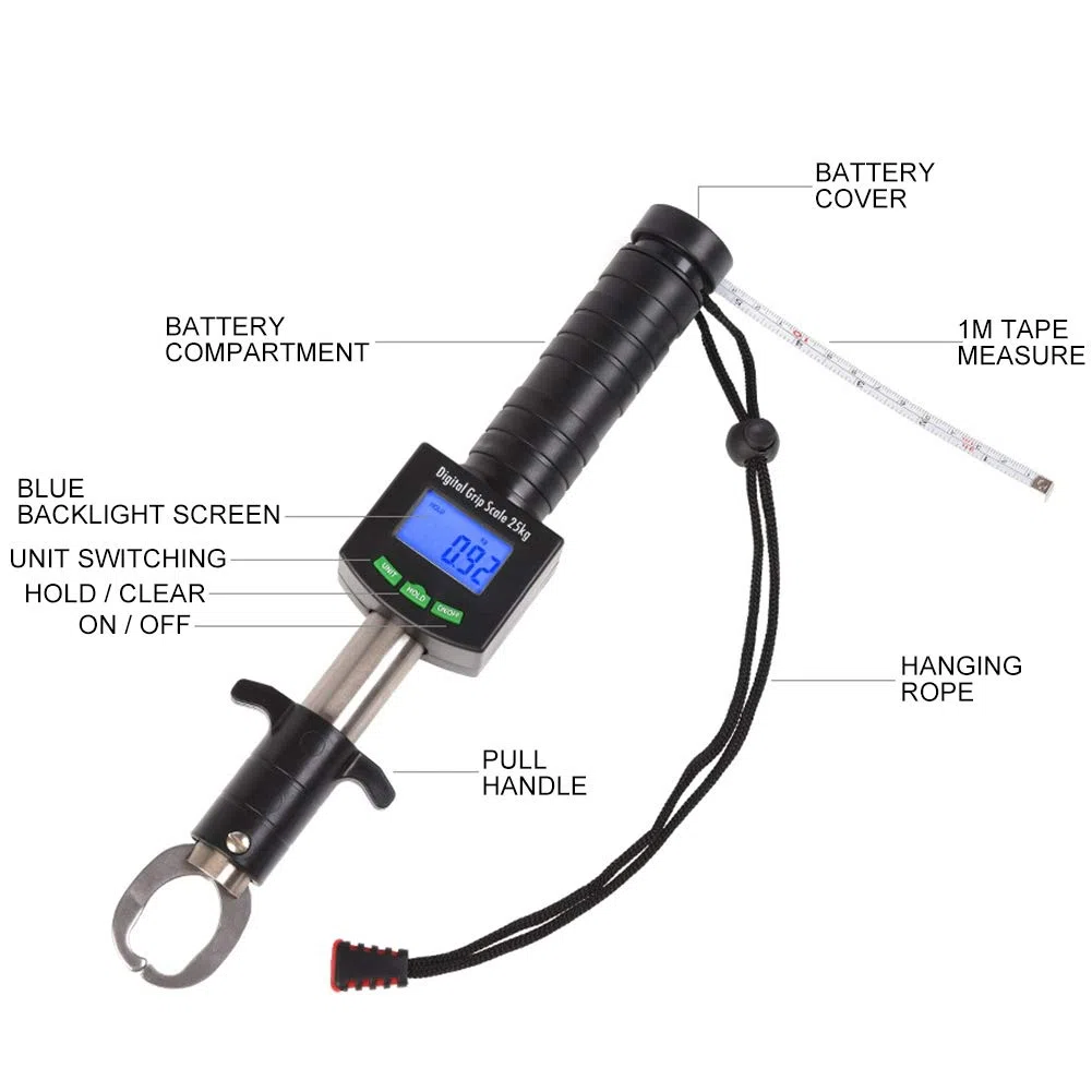 3 en 1 Escala de agarre de pescado digital, 2Kg/55 lb de la pinza labial de pescado con 1 m Cape medir la escala de peso de manejo de pesca portátil para pescar
