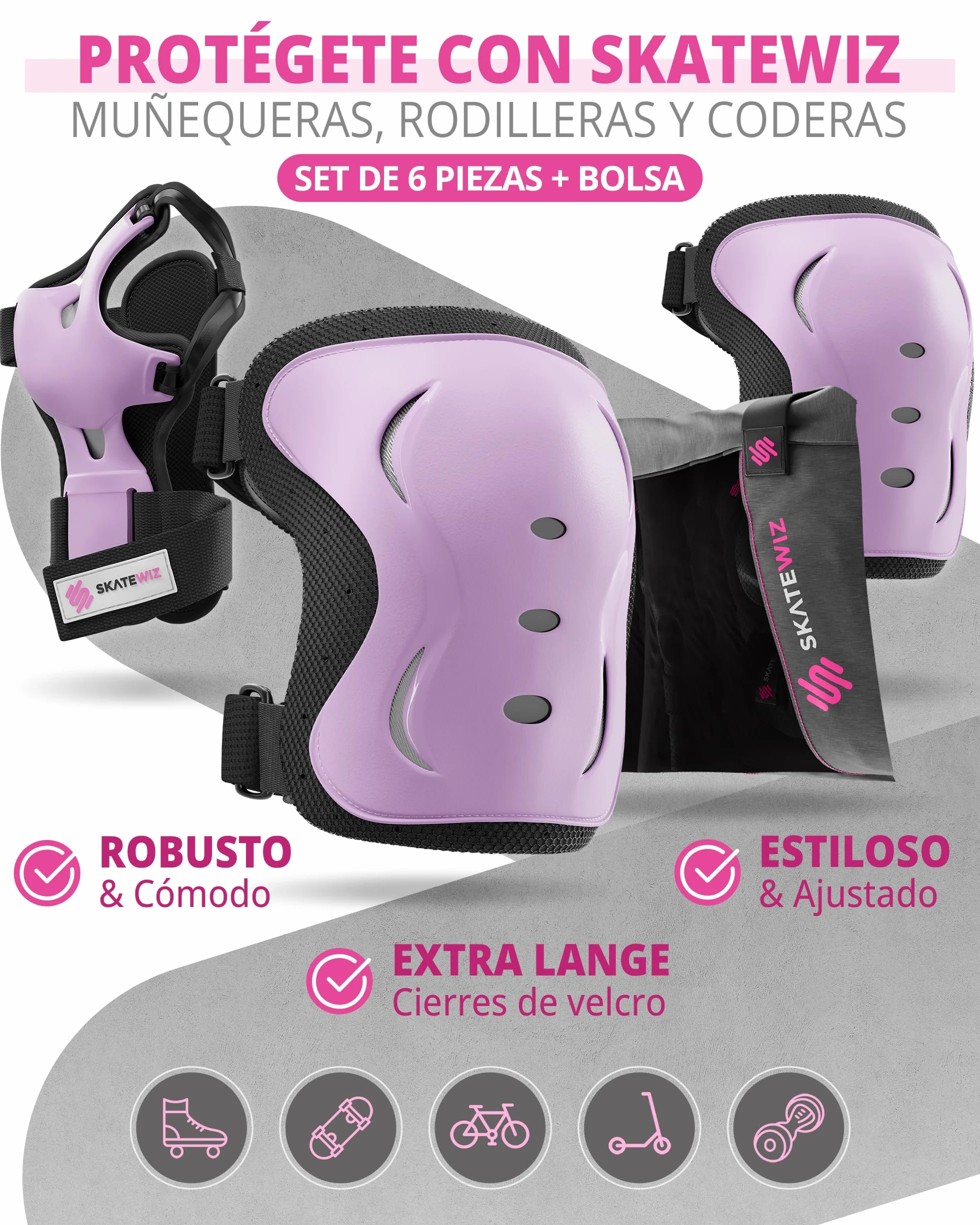 SKATEWIZ Protecciones Patines Set 6 Piezas Rodilleras Coderas Muñequeras Niño Niña Adolescentes Adultos