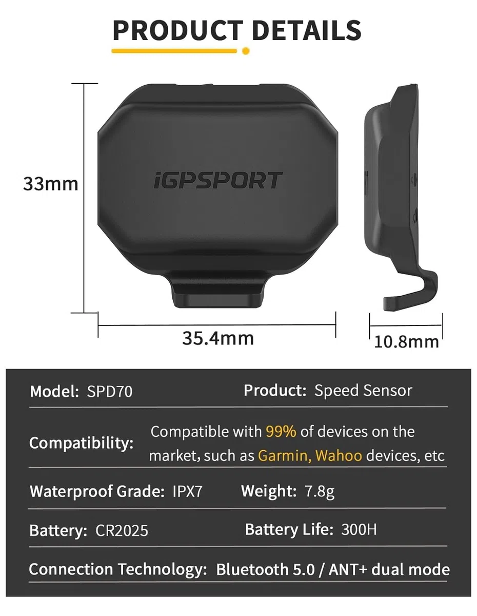iGPSPORT SPD70 Velocímetro para Bicicleta / CAD70 Sensor de Cadencia para Bicicleta, 300 Horas de Autonomía, Bluetooth 5.0 Ant+, Impermeable IPX7,Kit CAD70 SPD70