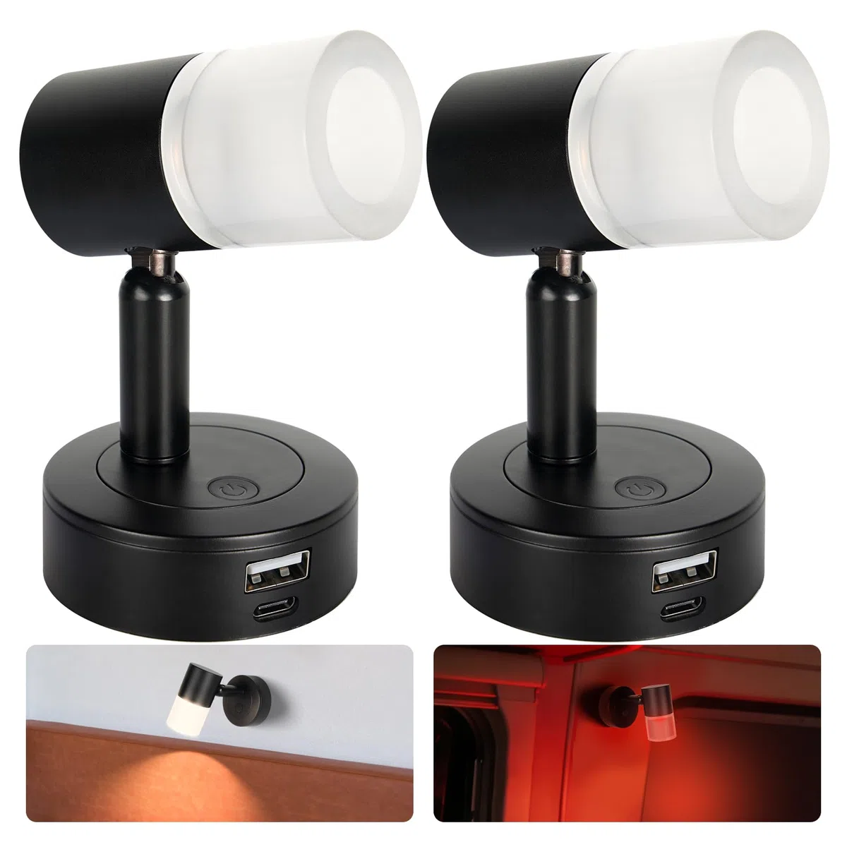 acegoo Luz de Lectura LED 12V Lámpara de Pared Regulable DC12-24V con Cargador USB para Barco Autocaravana Caravana Camper Cabina Camión Iluminación Interior, 3200K/Luz Nocturna Roja Negro