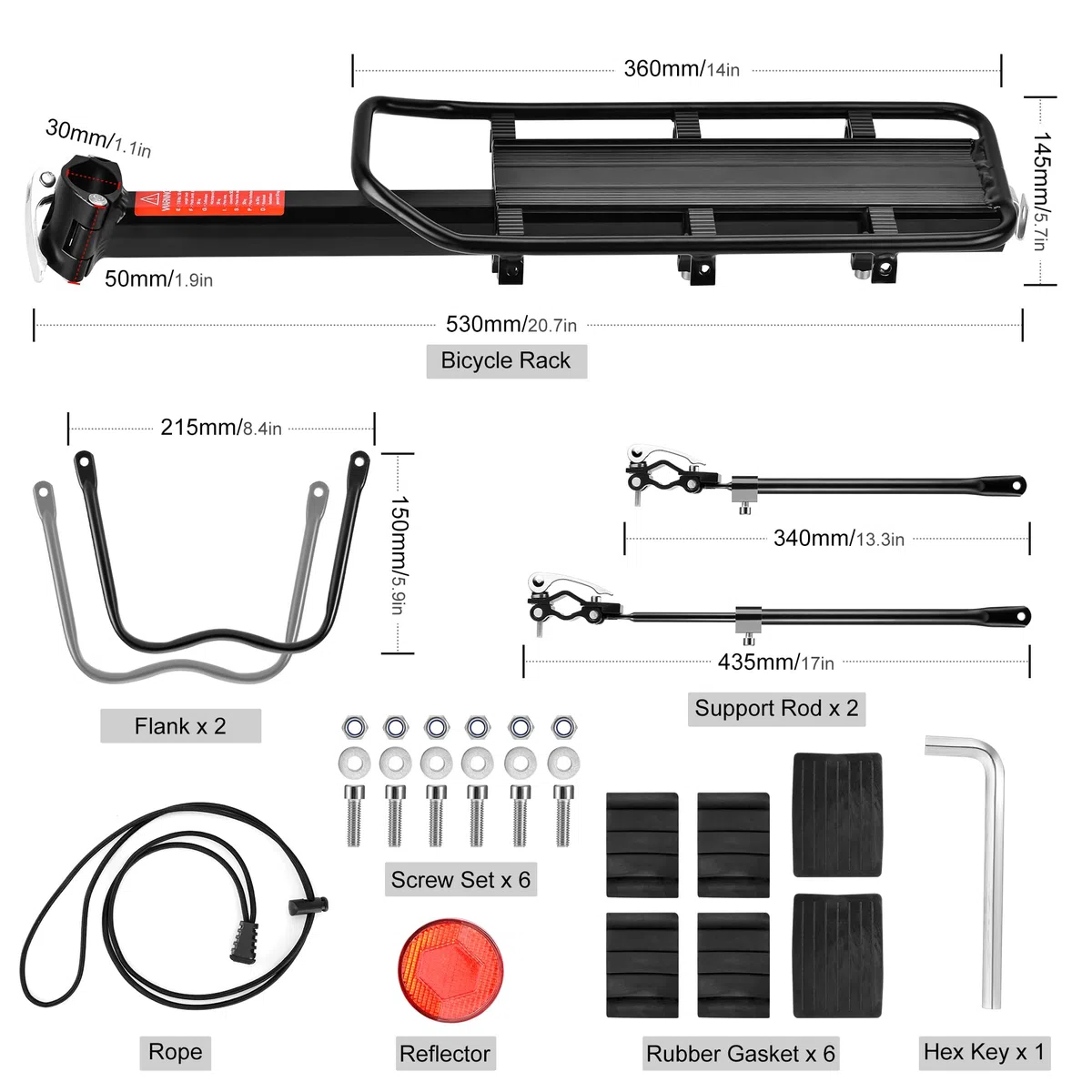 DazSpirit Portaequipajes Bicicleta, Portabultos Bicicleta Trasero, Parrilla Bicicleta Ajustable, con Reflector, Carga máxima de 60 kg, Instalación rápida, Material de aleación de Aluminio