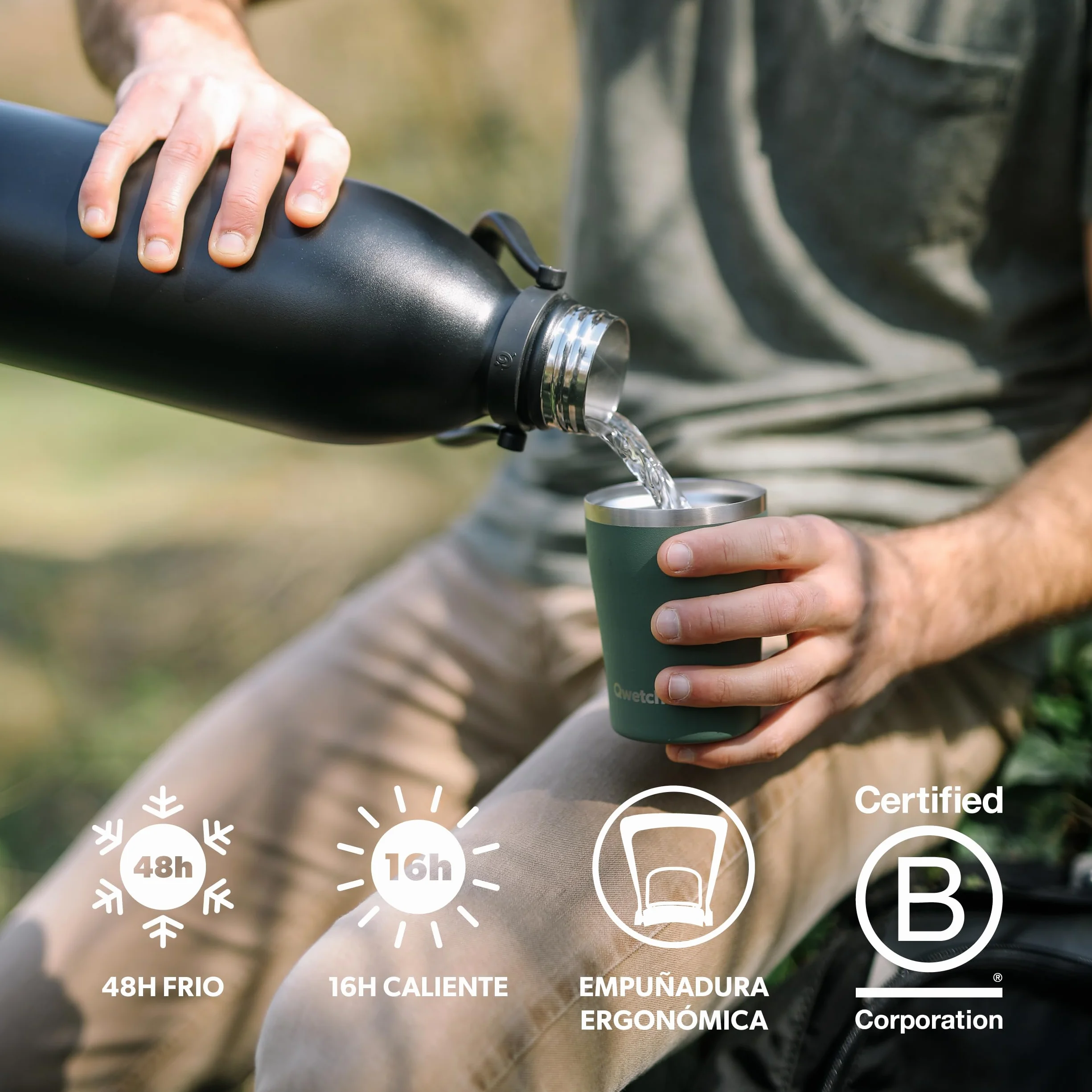 Qwetch - Botella Térmica Grande Inox 1,5L Azul Pato Titan - 48h Frío y 16h Caliente - Hermética & Sin BPA - Cantimplora de Acero Inoxidable con Asa - Termo para Camping, Picnic, Familia