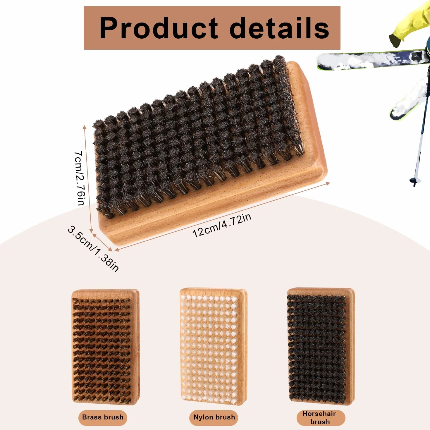 Kit de 3 Cepillos para Cera de Snowboard 12x7x3,5cm Nailon Latón Crin de Caballo