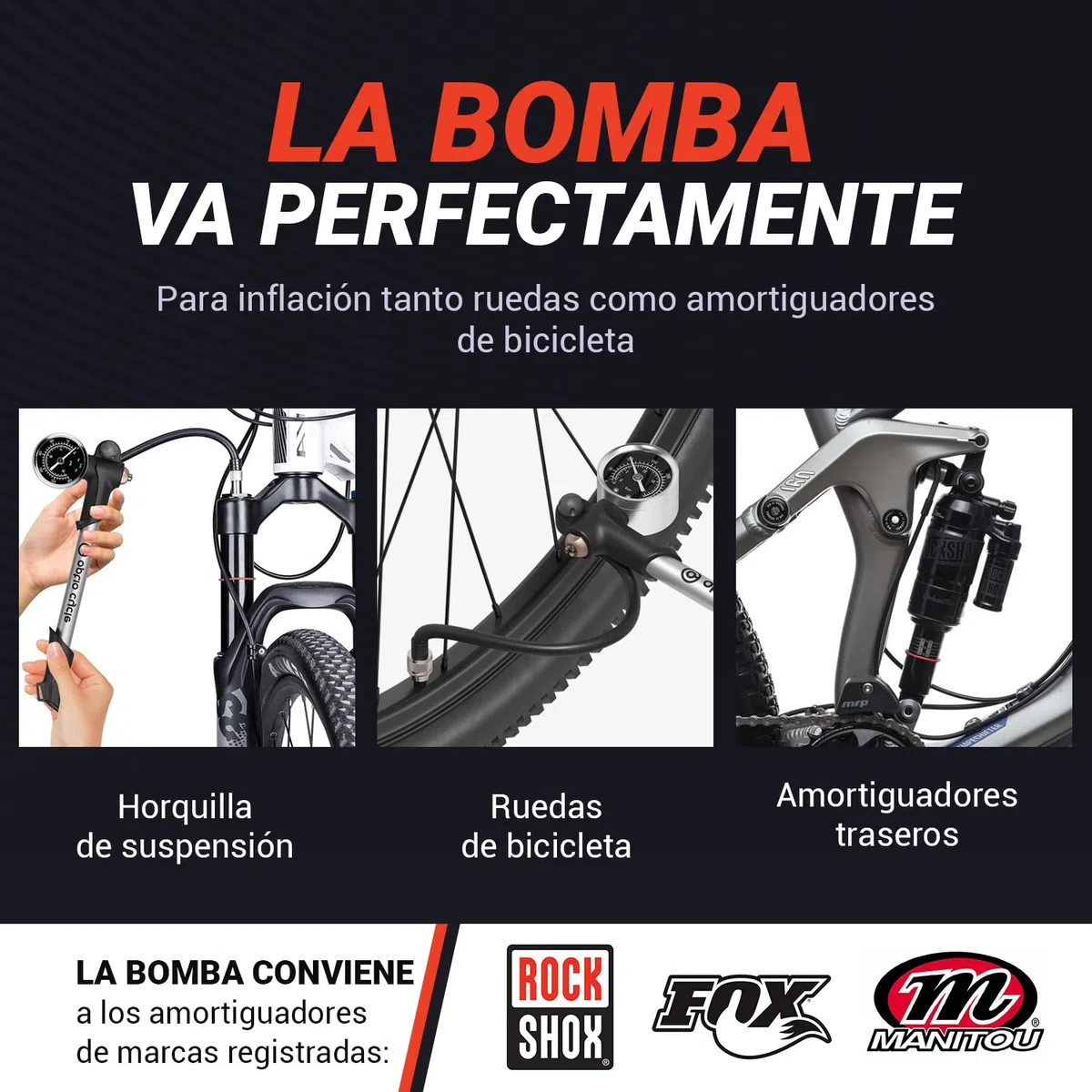 Bomba Suspension MTB – Bomba de Horquilla MTB con Manómetro | Shock Pump para Horquilla y Amortiguador | Compatible con Fox, RockShox, Manitou