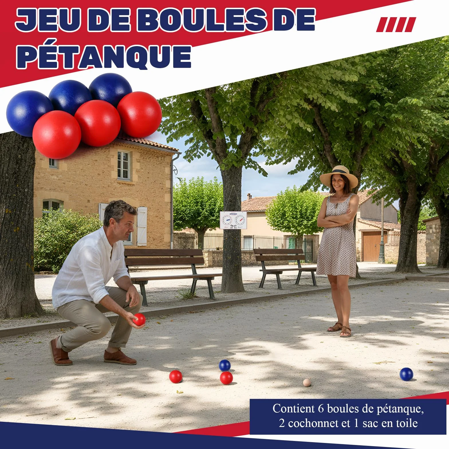 Juego de Petanca de Madera Set de 6 Bolas de Colores con Boliches y Bolsa
