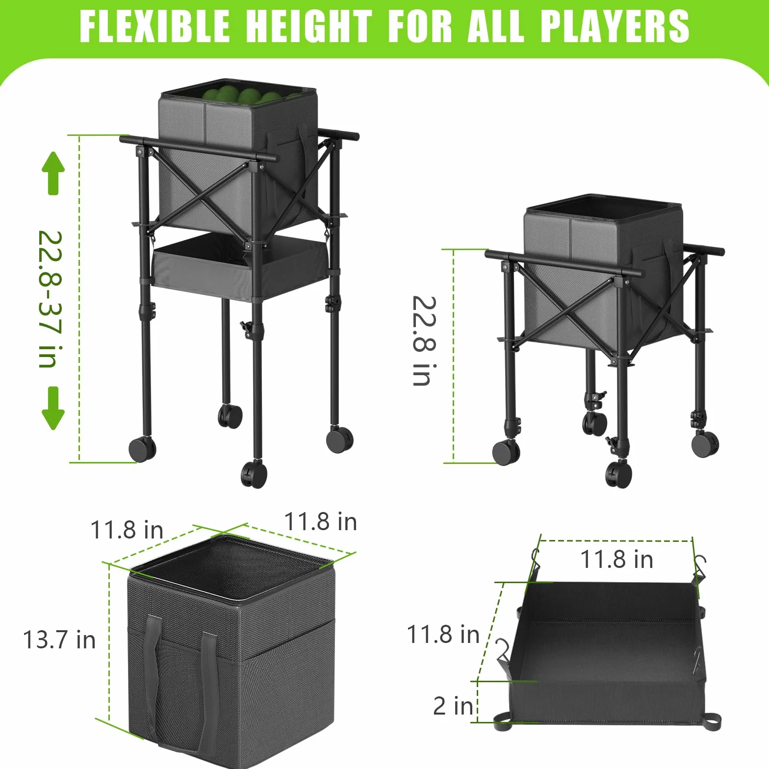 Moricher Canasta de pelotas de tenis con ruedas – Cesta de pelotas de tenis plegable de altura ajustable con bolsa de almacenamiento, 150 pelotas de pickleball y capacidad para pelotas de tenis
