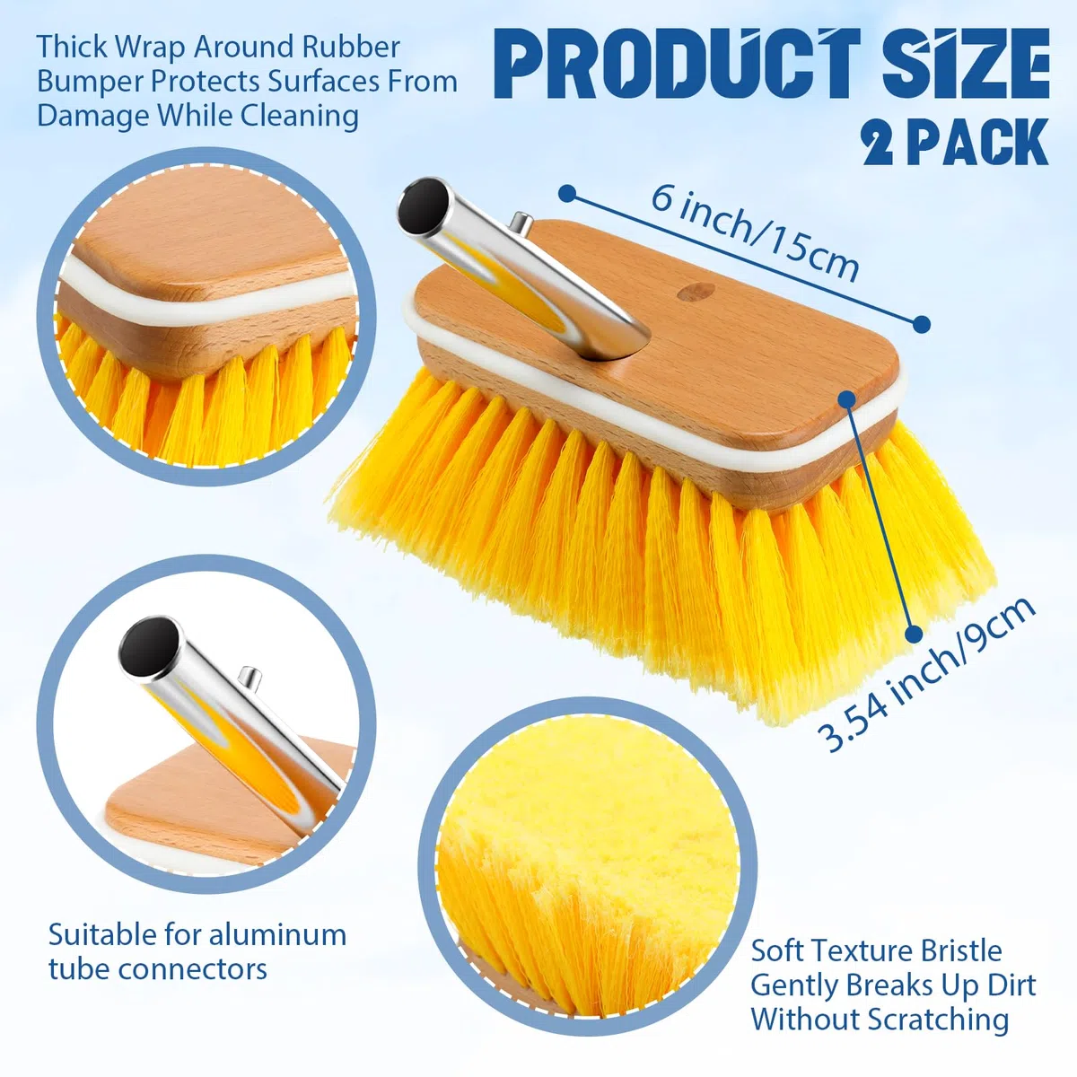 Hushee 2 cepillos de cerdas suaves para cubierta de barco con cojines de goma de 6 pulgadas, cepillo de limpieza para cubierta de barco, para ducha, pared, caravana, camión, coche, casco, hogar