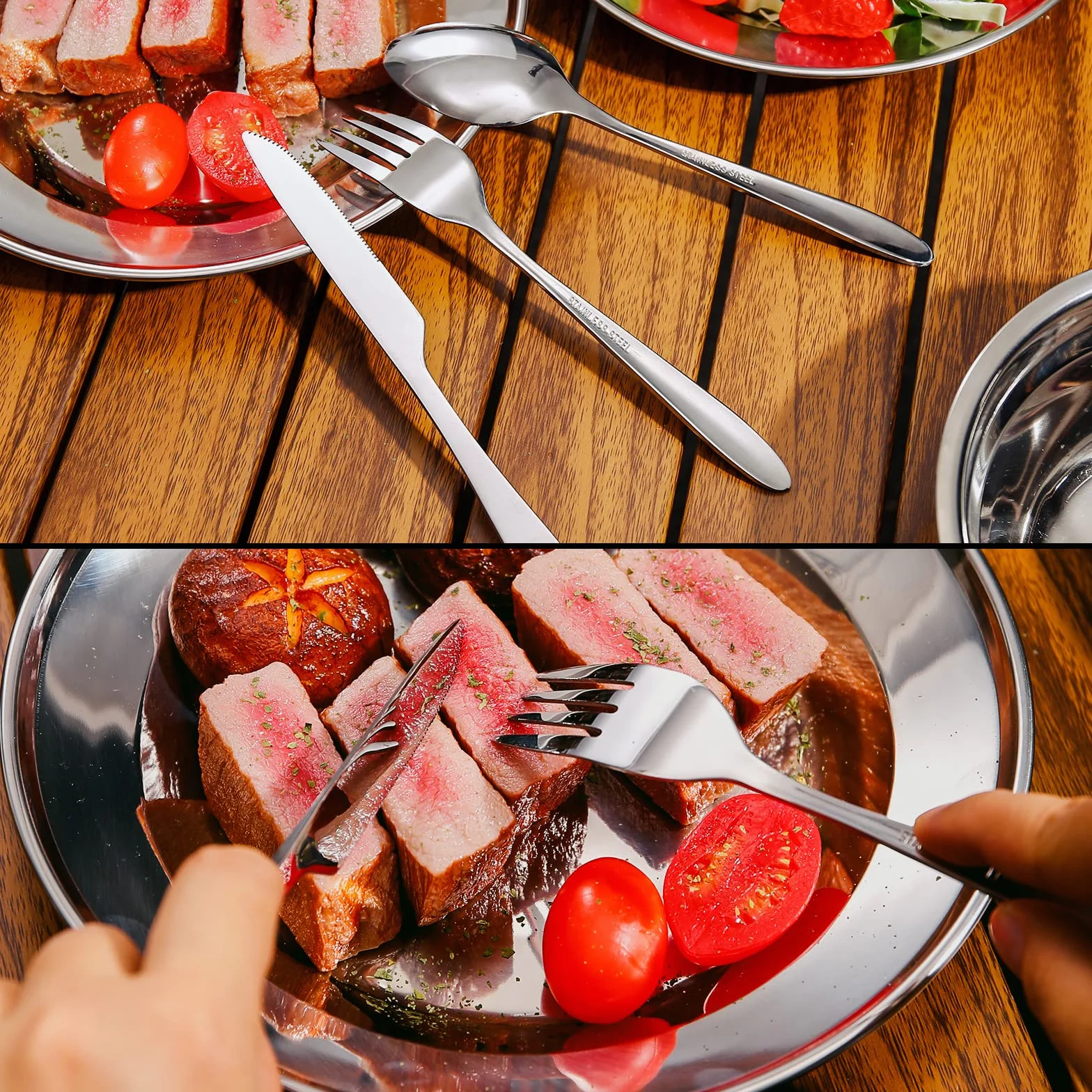 Odoland Vajilla de Acero Inoxidable para 1 Persona, 8-en-1, Cubiertos y Platos Kit de Picnic con Placa Tazon Tenedor Cuchara Cuchillo y Bolsa de Red, Camping Viajes