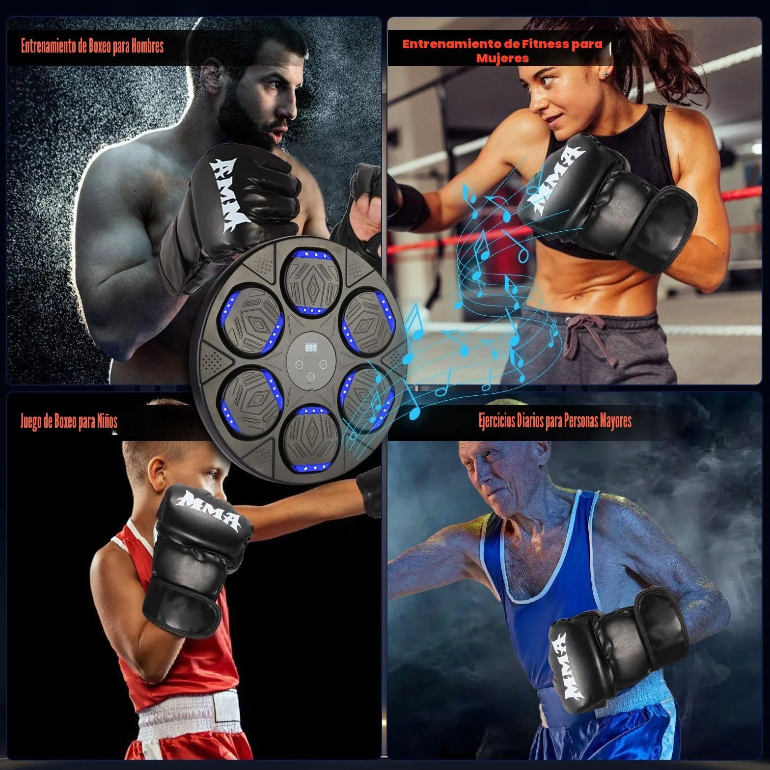 Máquina de Boxeo con Música, Montaje en Pared, Entrenador Inteligente Bluetooth con Luz LED, 7 Modos de Velocidad, Guantes para Adultos y Niños