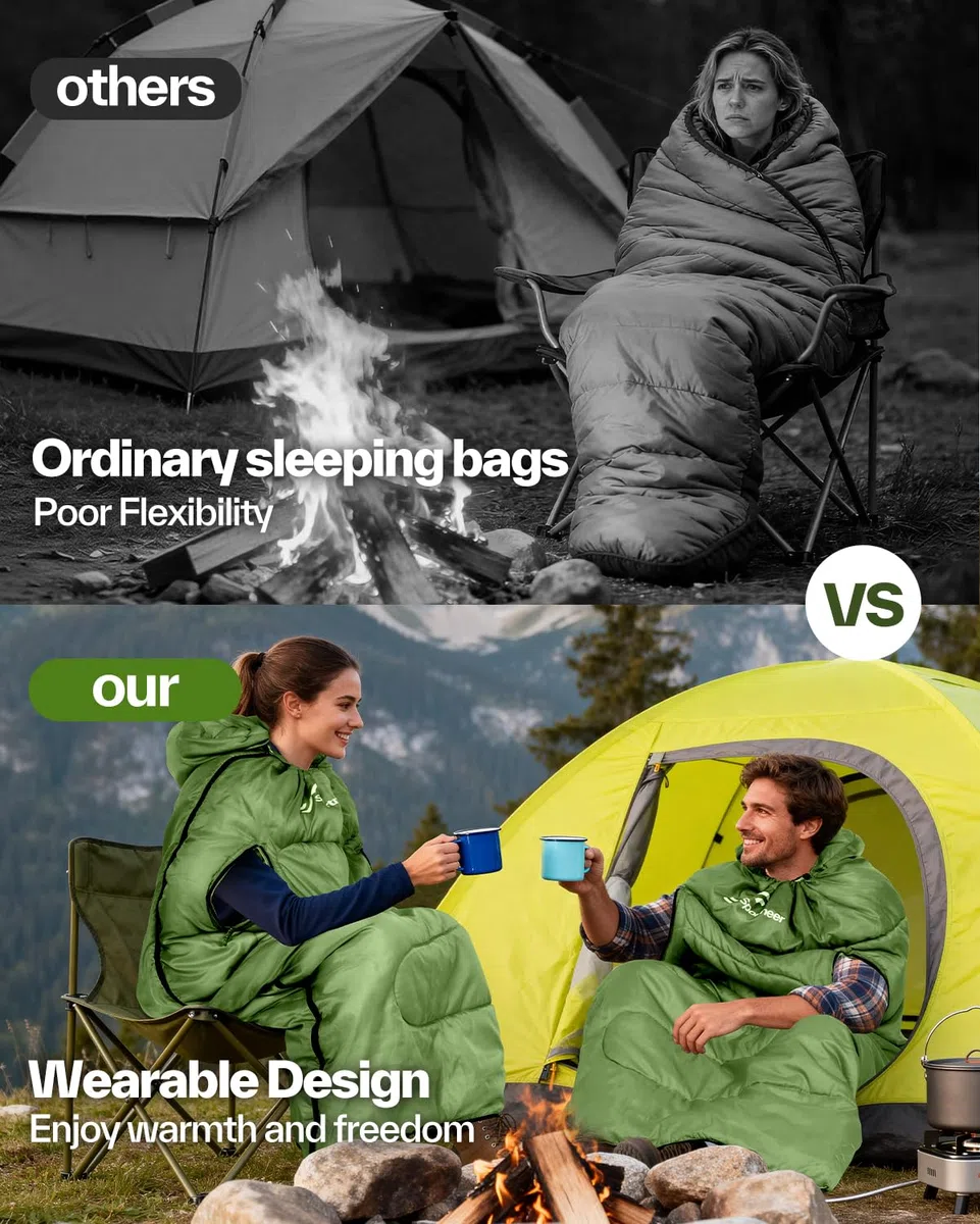 Sportneer Saco de Dormir portátil Adecuado para Las 4 Estaciones con Orificios con Cremallera para Brazos y pies Saco de Dormir Individual para Adultos para Senderismo y Viajes, 20 Grados