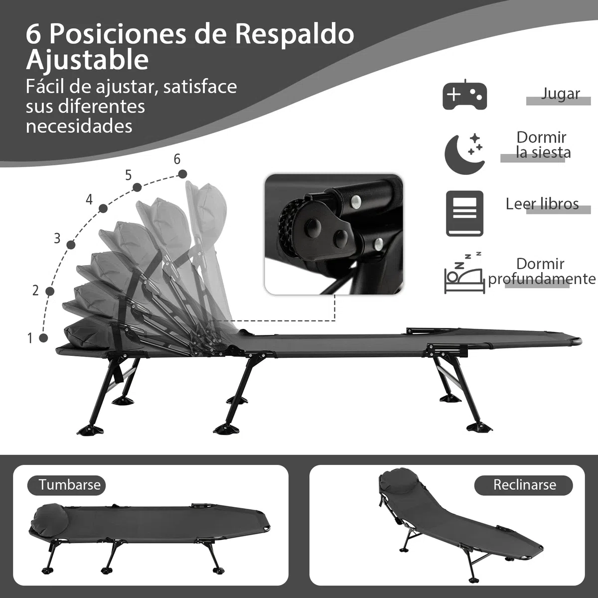 COSTWAY Cama Plegable Camping con Colchón Desmontable, Cama Camping Respaldo Ajustable en 6 Posiciones, Catre Plegable Camping portátil y Ligera con Bolsa, Carga 200kg, 194 x 69 x 29 cm (Gris)