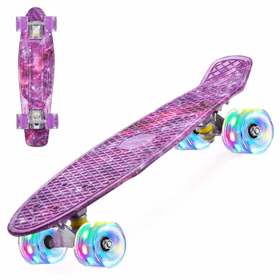 ERNAN Skateboard Complete 22 Inch Mini Cruiser, Rodamientos ABEC-7 y Ruedas 78A PU - para Niños, Adultos, Principiantes con Ruedas Light Up Complete Skateboard (Deep Purple)