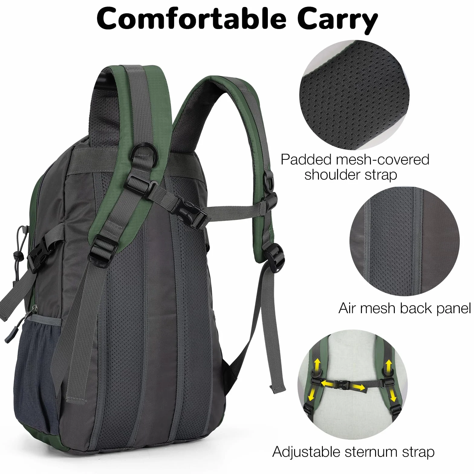 Mochila Senderismo 25L Impermeable Cubierta Lluvia Ultraligera Montaña Camping Verde