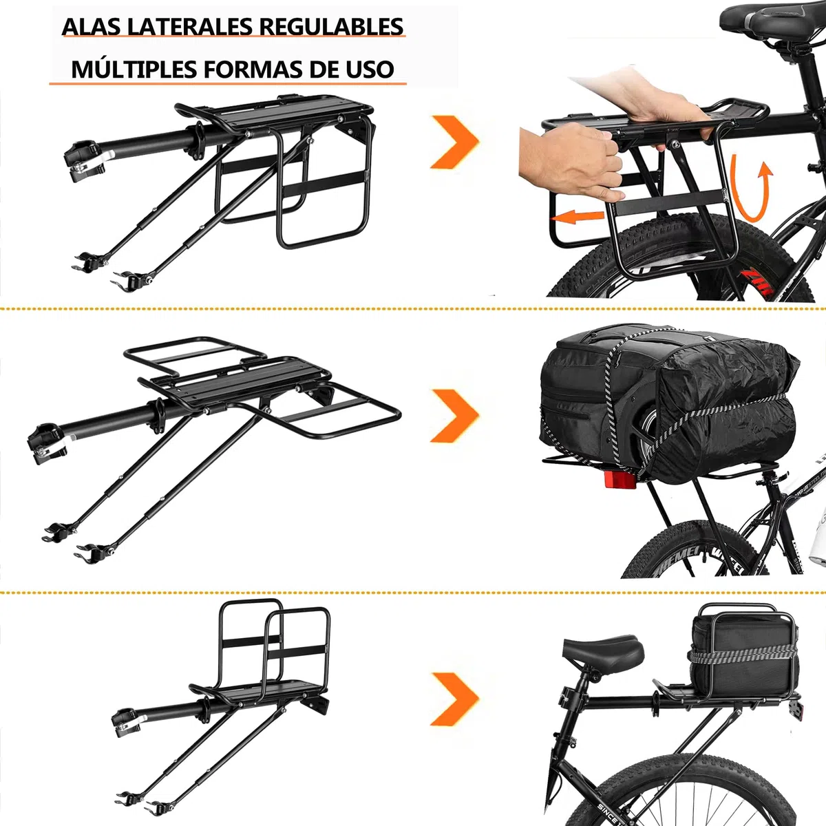 Portabultos Bicicleta Trasero Plegable con Alas Anchas, Liberación Rápida, Universal, Gran Capacidad, Regulable en Altura para Bicicletas de 24 a 29 Pulgadas