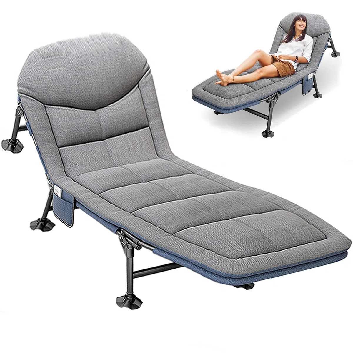 Cama de Camping Plegable con Colchón 190x65x30cm, Cama de Camp Portatil con Bolsillo Lateral, Tumbona Jardin Exterior con 5 Regulable Respaldo, Hamacas para Camping Jardín Exterior Interior, Gris