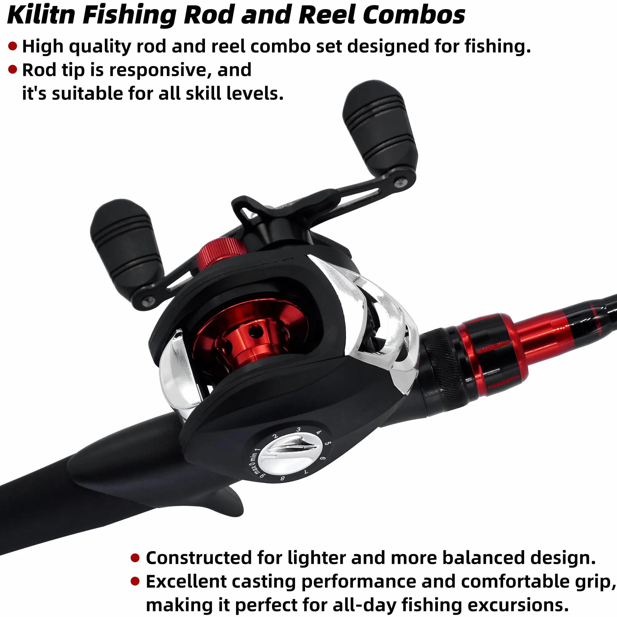 Kilitn Combo de caña de Pescar y Carrete, Combo de baitcasting Carrete de baitcast 1.5M Caña telescópica de Fibra de Vidrio Duradera con línea de Pesca Kits completos Mango cómodo