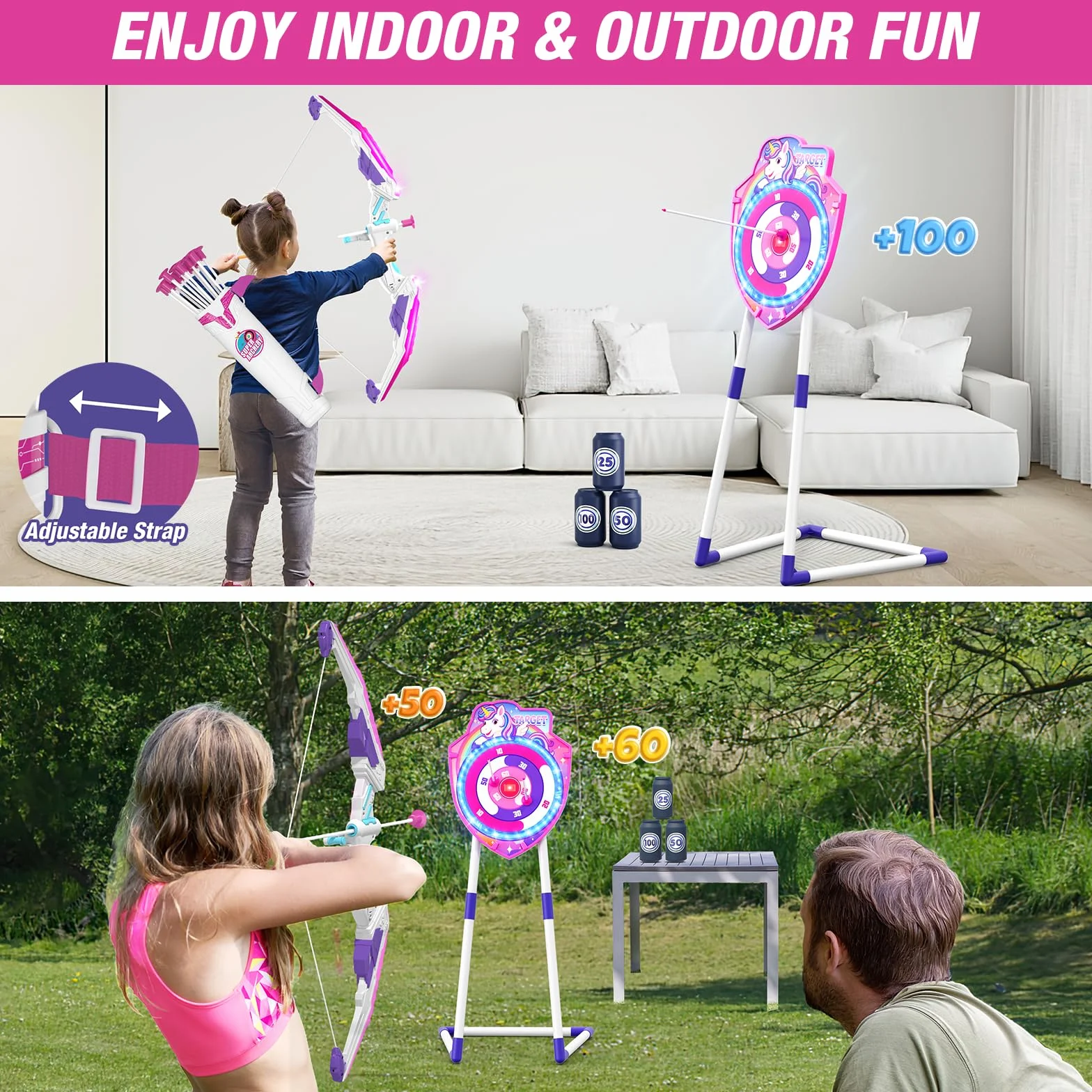 HYES Arco y Flechas para Niños, Juguetes de Tiro con Arco, Flechas de Ventosa, Objetivos Colgantes, Soporte de Flecha y Objetivos de Puntuación, Juguete para Interior y Exterior