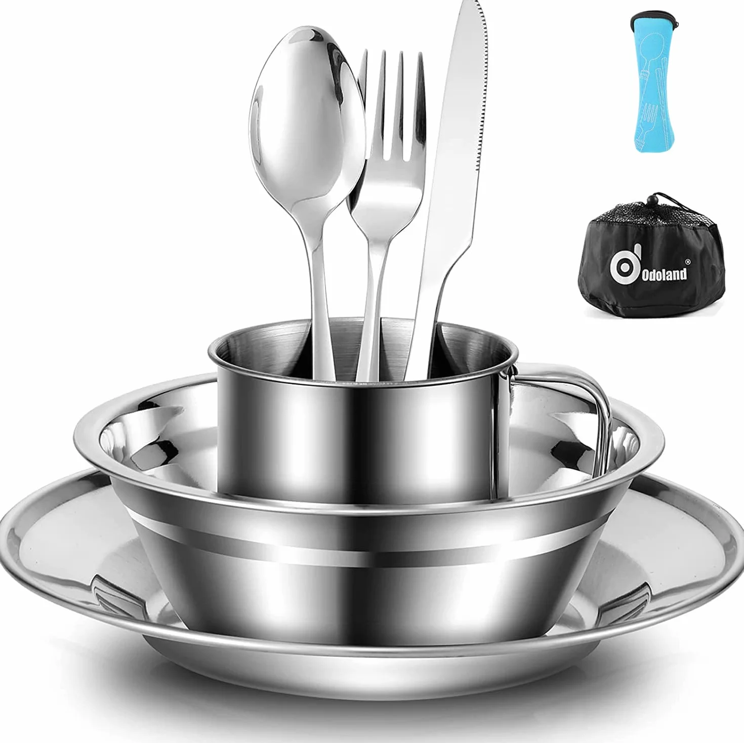 Odoland Vajilla de Acero Inoxidable para 1 Persona, 8-en-1, Cubiertos y Platos Kit de Picnic con Placa Tazon Tenedor Cuchara Cuchillo y Bolsa de Red, Camping Viajes