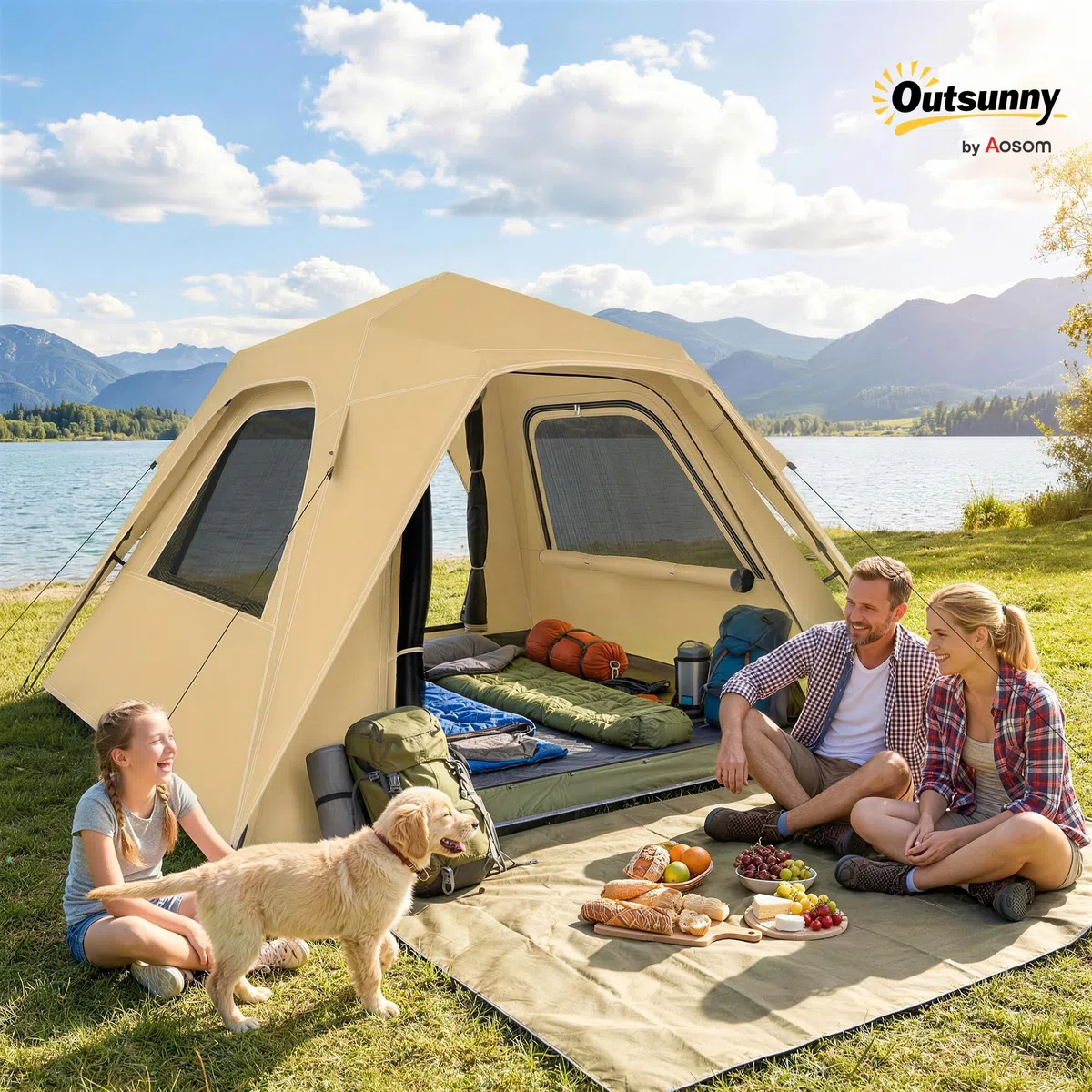 Outsunny Tienda de Campaña Instantánea, Tienda Pop Up con Ventanas de Malla y Bolsa de Transporte, Impermeable 3000mm y Protección UPF50+, para 2-3 Personas, Caqui
