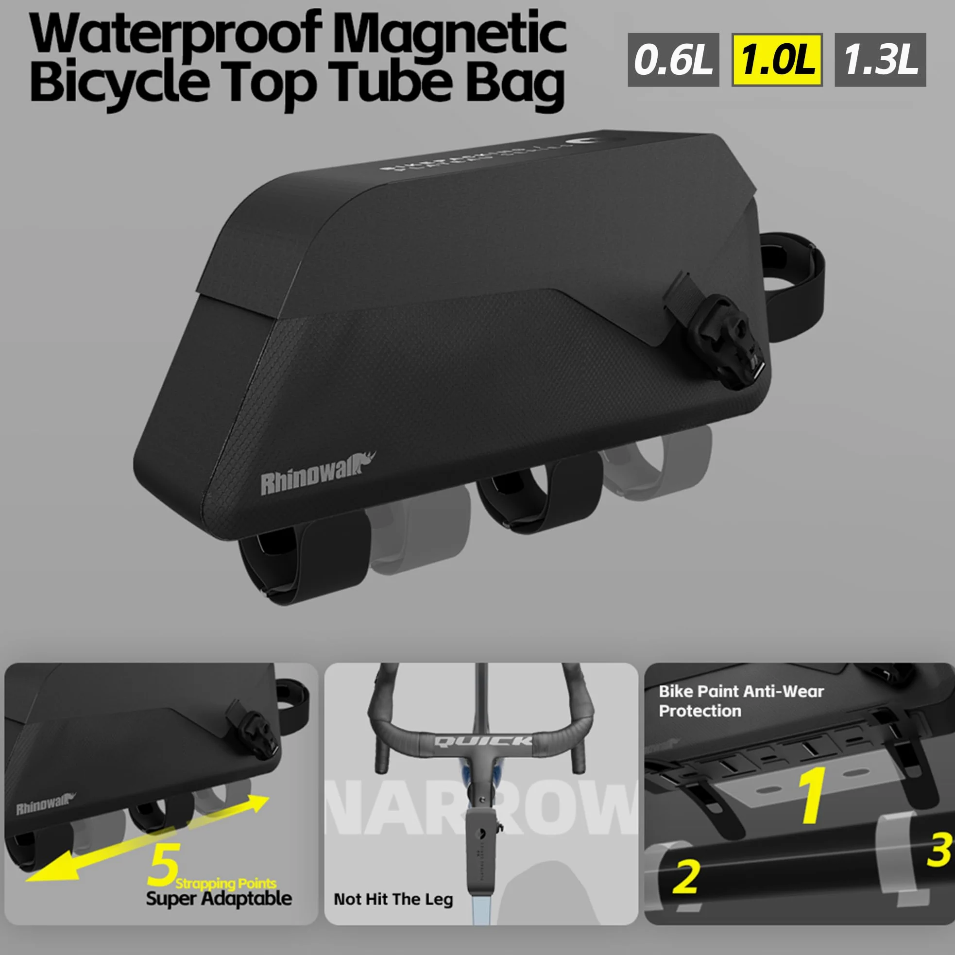 Rhinowalk Bolsa para cuadro de bicicleta con cierre magnético, impermeable, bolsa para tubos, bolsillo frontal, bolsa para tubo superior, bolsa para manillar, accesorios para bicicleta (1 L)