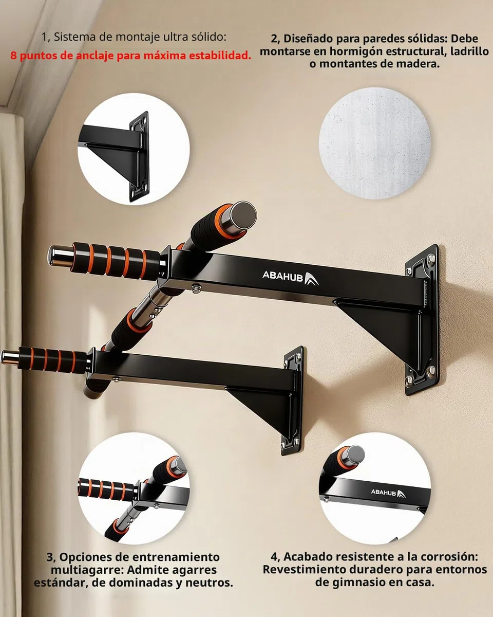 Abahub Barra de Dominadas con 3 Agarre y Estructura Triangular, Montaje a Pared (200kg) - Ideal para Calistenia y un Home Gym Seguro – Negro/Naranja