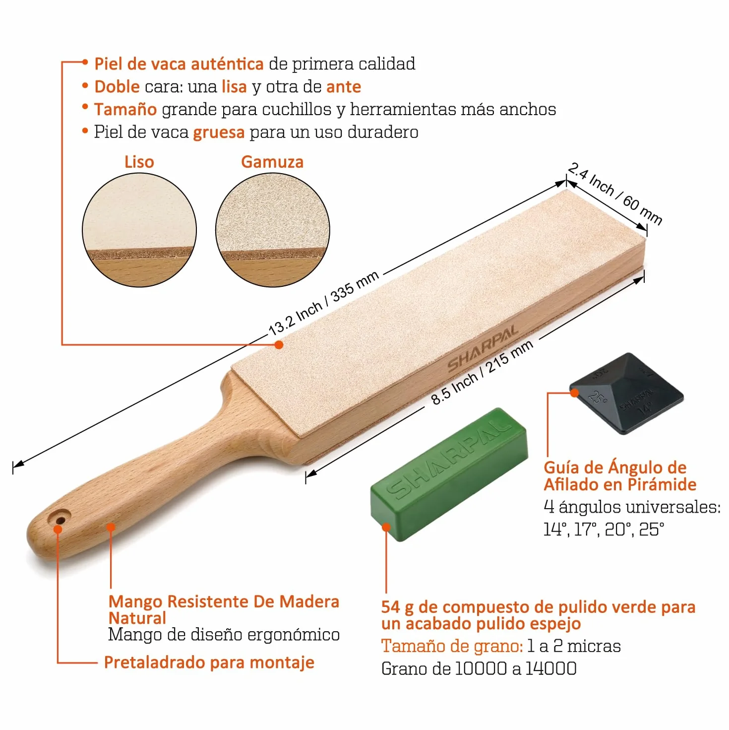 SHARPAL 205H Kit de gamuza de cuero de doble cara (330 x 60 mm) con 53g de pasta de pulir y guía de ángulos, bloque de gamuza para afilar y pulir cuchillos, Afilador de cuchillos profesional