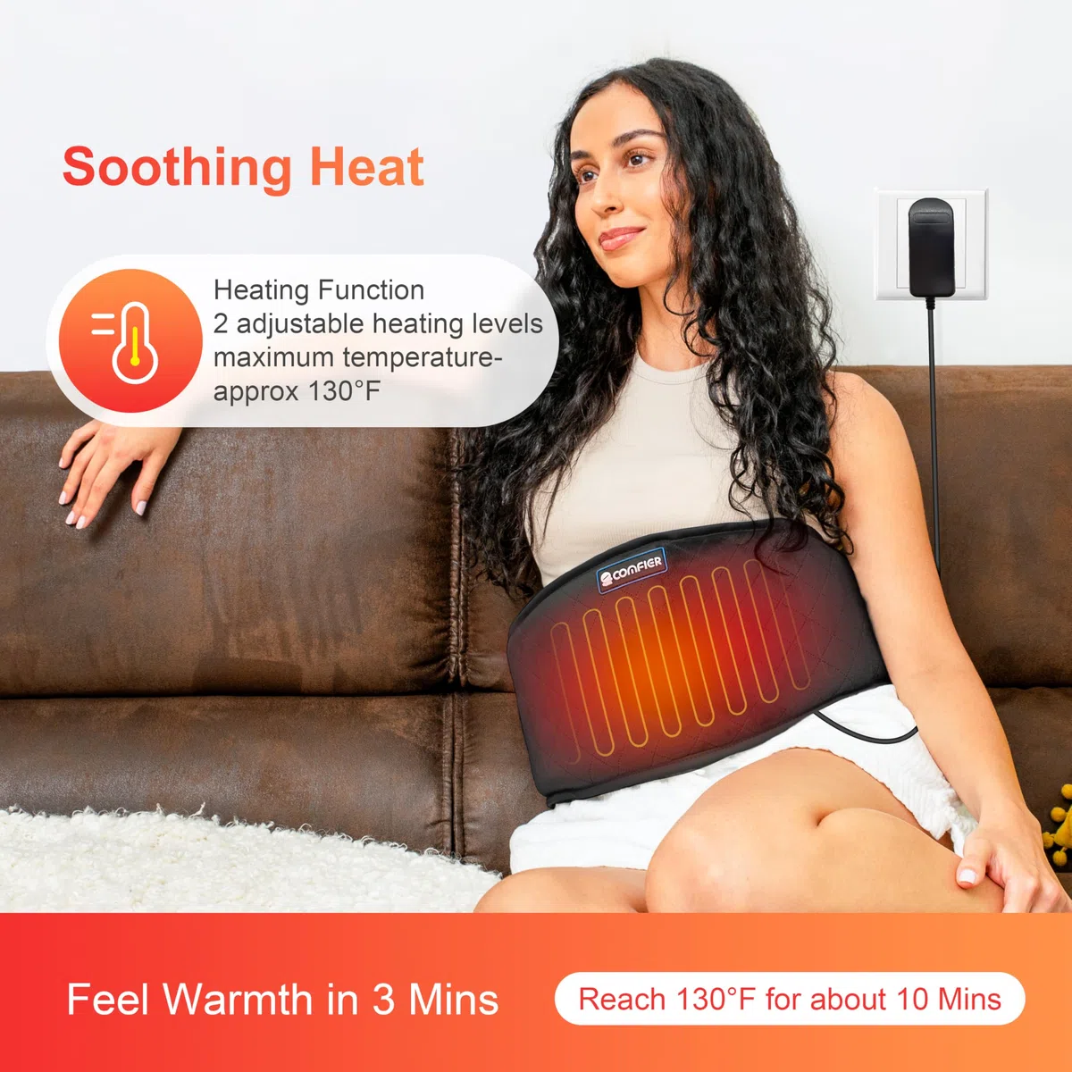 COMFIER Cinturón térmico con vibración para espalda, 147 x 22 cm, con 2 niveles de calor y 3 modos de masaje, almohadilla eléctrica con apagado automático