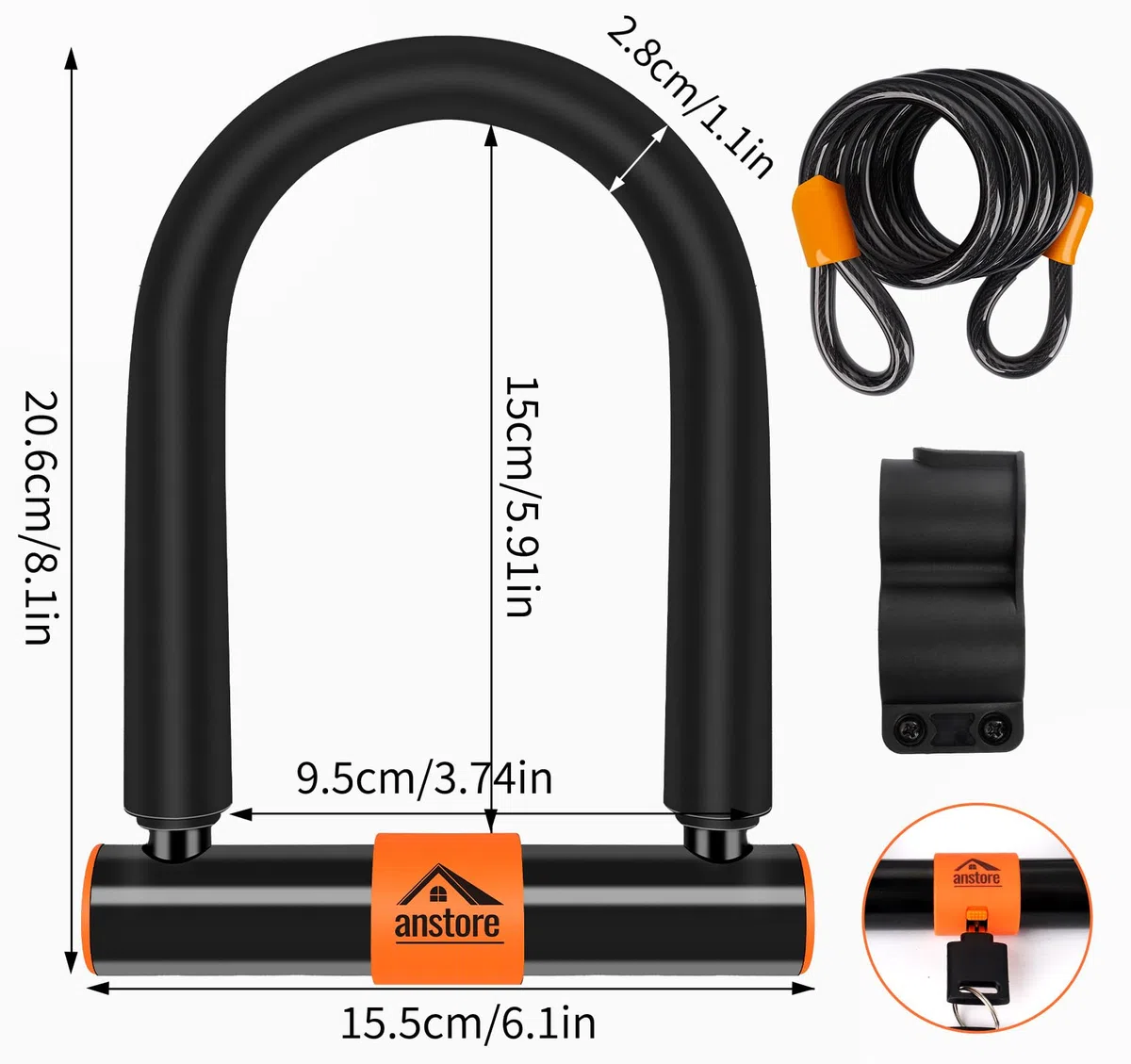 Candado U,Anstore Candado para Bicicleta con Cable, Candado en U con 2 llaves para Bicicleta de Carretera, Bicicleta de Montaña, Bicicleta