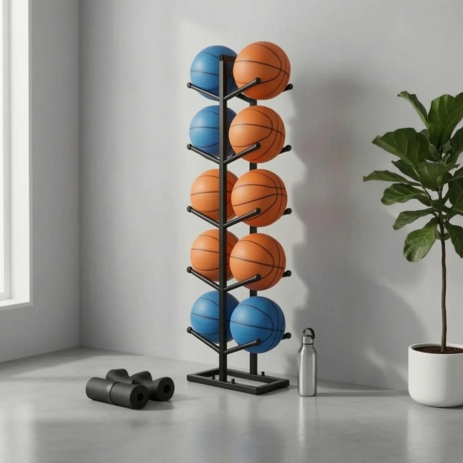 Yajuyi Estante para Balones Organizador de Pelotas Soporte Almacenamiento Exhibidor Estructura de Cinco Niveles Hierro Tubular Base Estable Ahorro de Espacio
