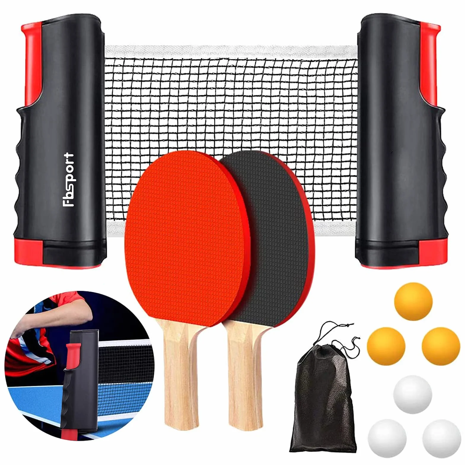FBSPORT Sets de Ping Pong, Raquetas de Tenis de Mesa Profesionales, 6 Pelotas, Red Retráctil, Bolsa