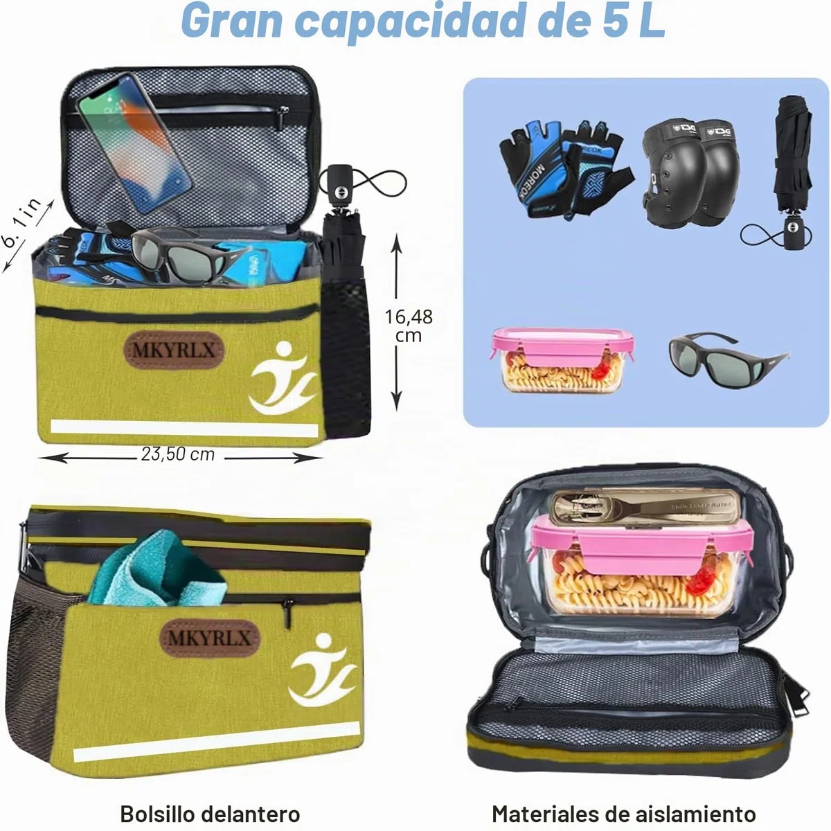 Bolsa térmica para manillar de bicicleta, 5 litros, almuerzo, resistente al agua, soporte para teléfono