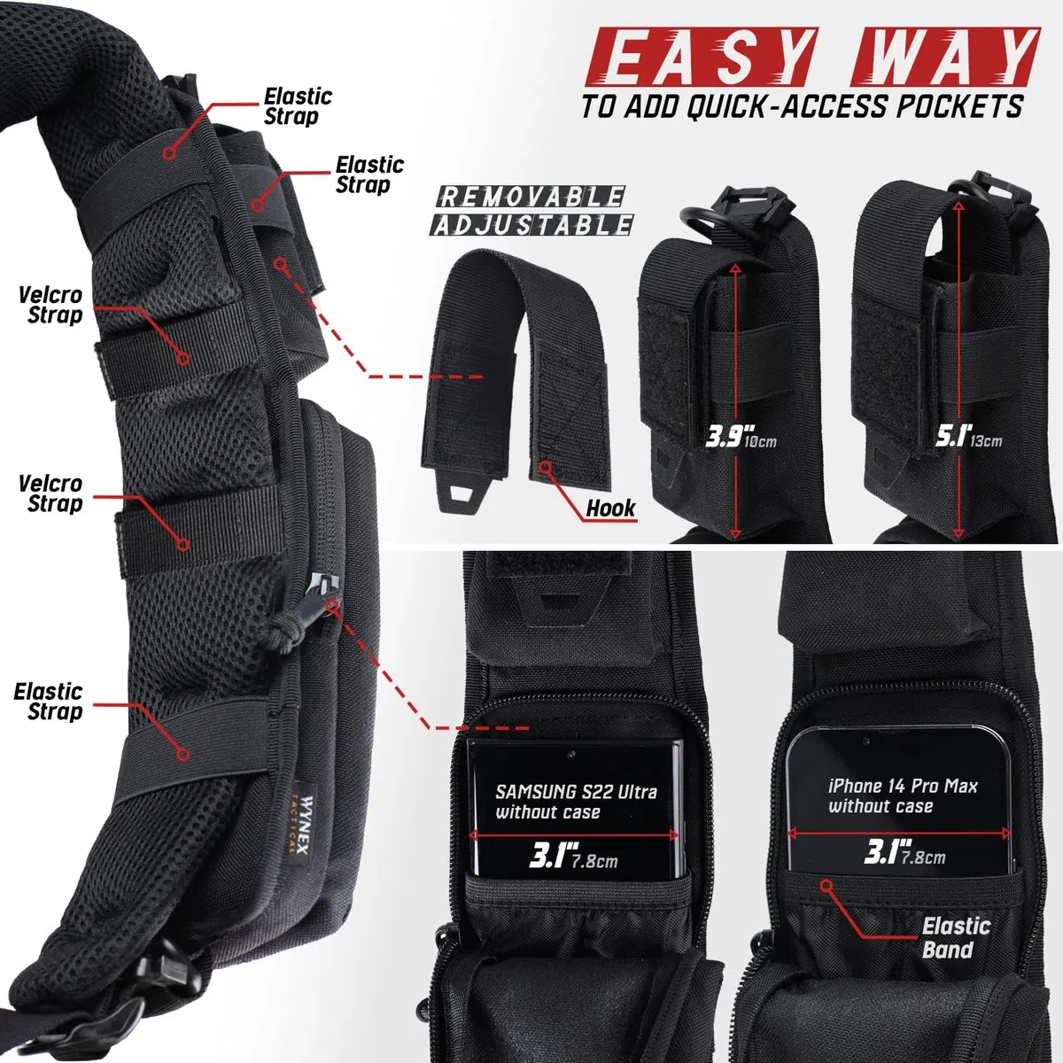 WYNEX Molle - Bolsa de accesorios con bolsillo con cremallera, correa para mochila, correa de hombro, accesorio Molle, accesorios tácticos, bolsa de hombro con cremallera, soporte adicional para