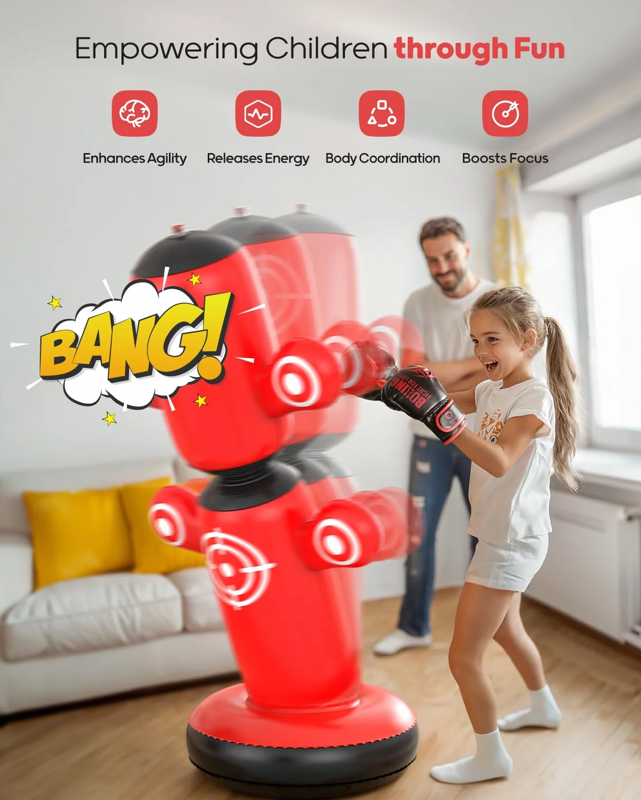 QPAU 64" Inflatable Punching Bag for Kids with Gloves, Pump & 6 Targets, 360° Rotatable Bop Bag