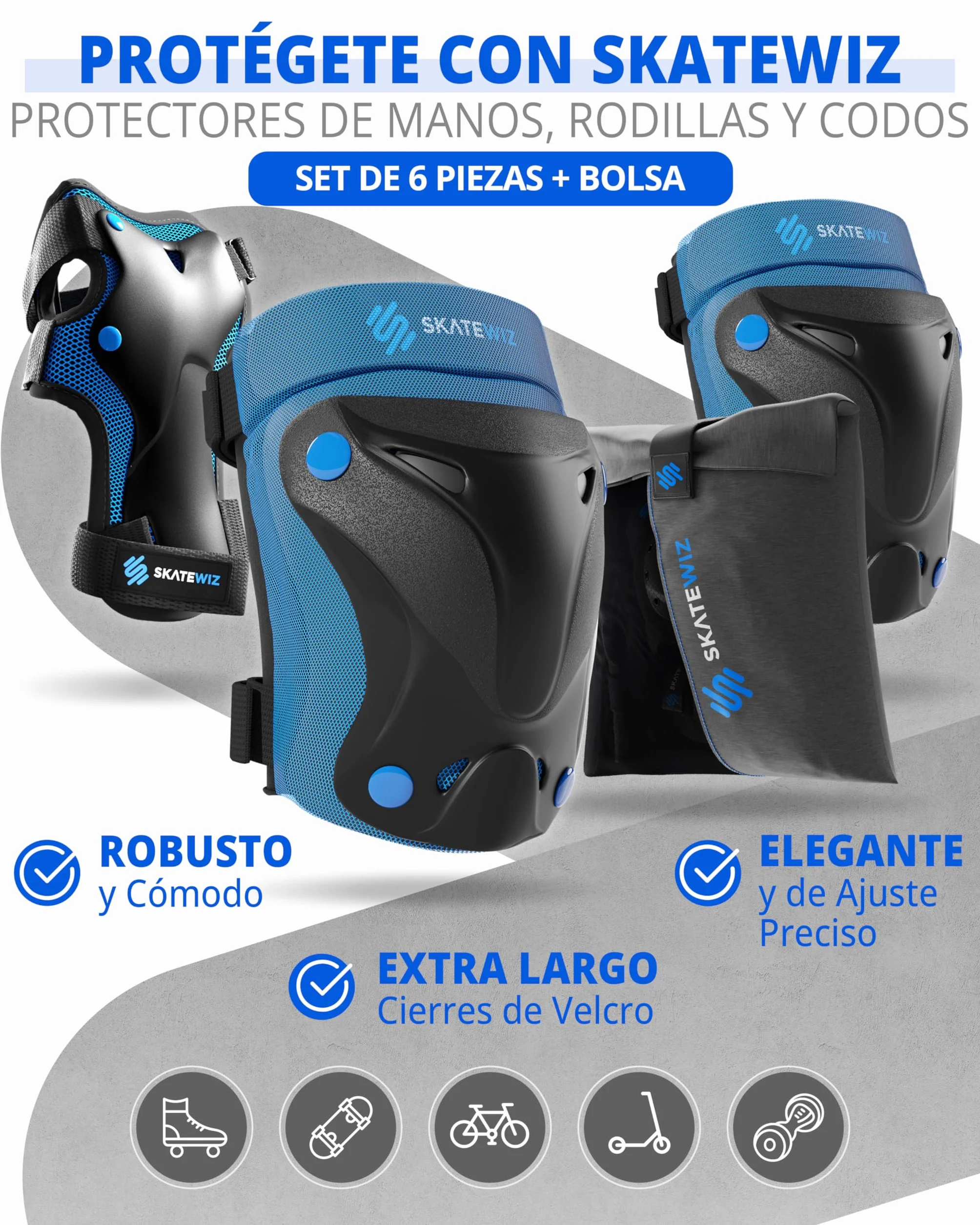 SKATEWIZ Protecciones Patinaje 6 piezas Rodilleras Coderas Niños Adultos