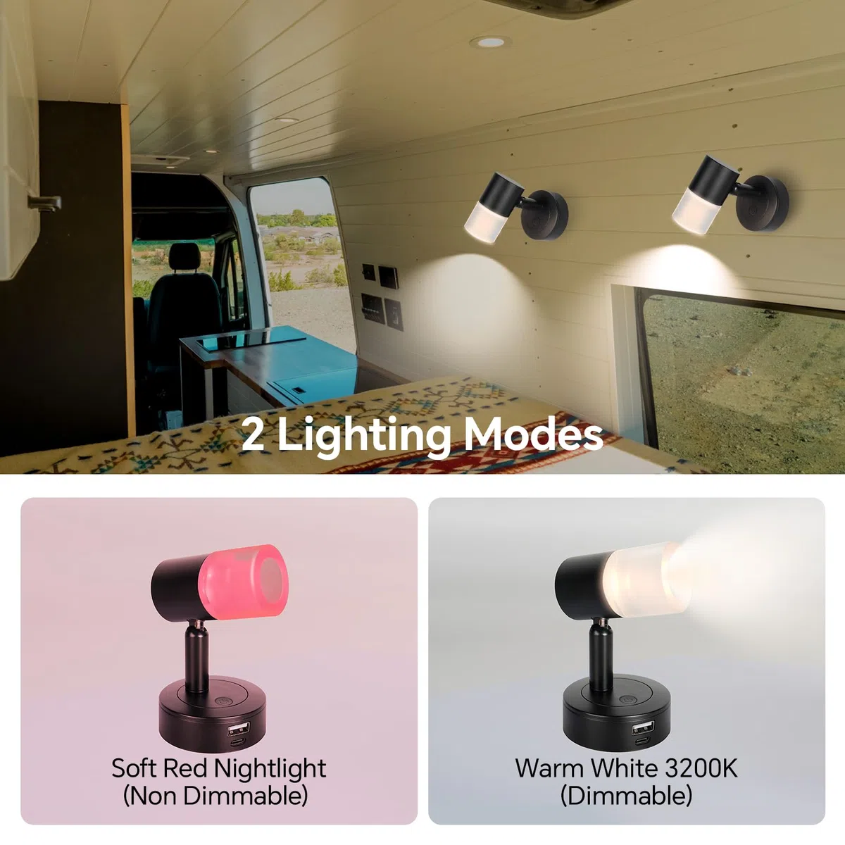 acegoo Luz de Lectura LED 12V Lámpara de Pared Regulable DC12-24V con Cargador USB para Barco Autocaravana Caravana Camper Cabina Camión Iluminación Interior, 3200K/Luz Nocturna Roja Negro