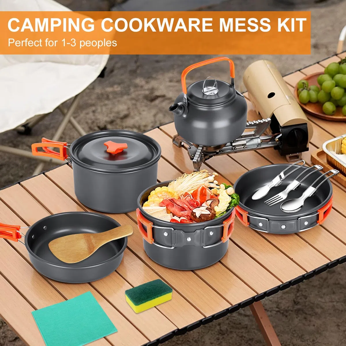 USHOP 15 Pcs Kit de Utensilios Cocina Camping,Vajilla de Camping de Aluminio,Cocina Portátil Juego de Utensilios de Cocina para Pícnic Al Aire Libre Senderismo Acampada Viajes Montañismo, 2-3 Personen