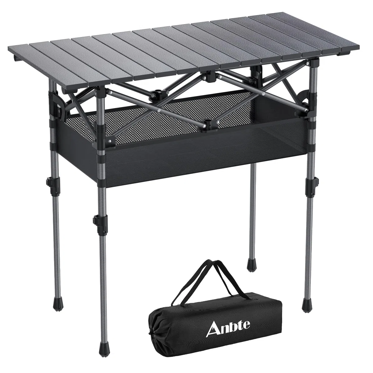 Anbte Mesa Plegable Camping 82 * 40 * 44/70cm, Altura Ajustable Mesa Portátil Aluminio con Red de Almacenamiento,Soporta 45 kg, Estructura en X para Caomping,Jardín, Playa,Barbacoa-Gris
