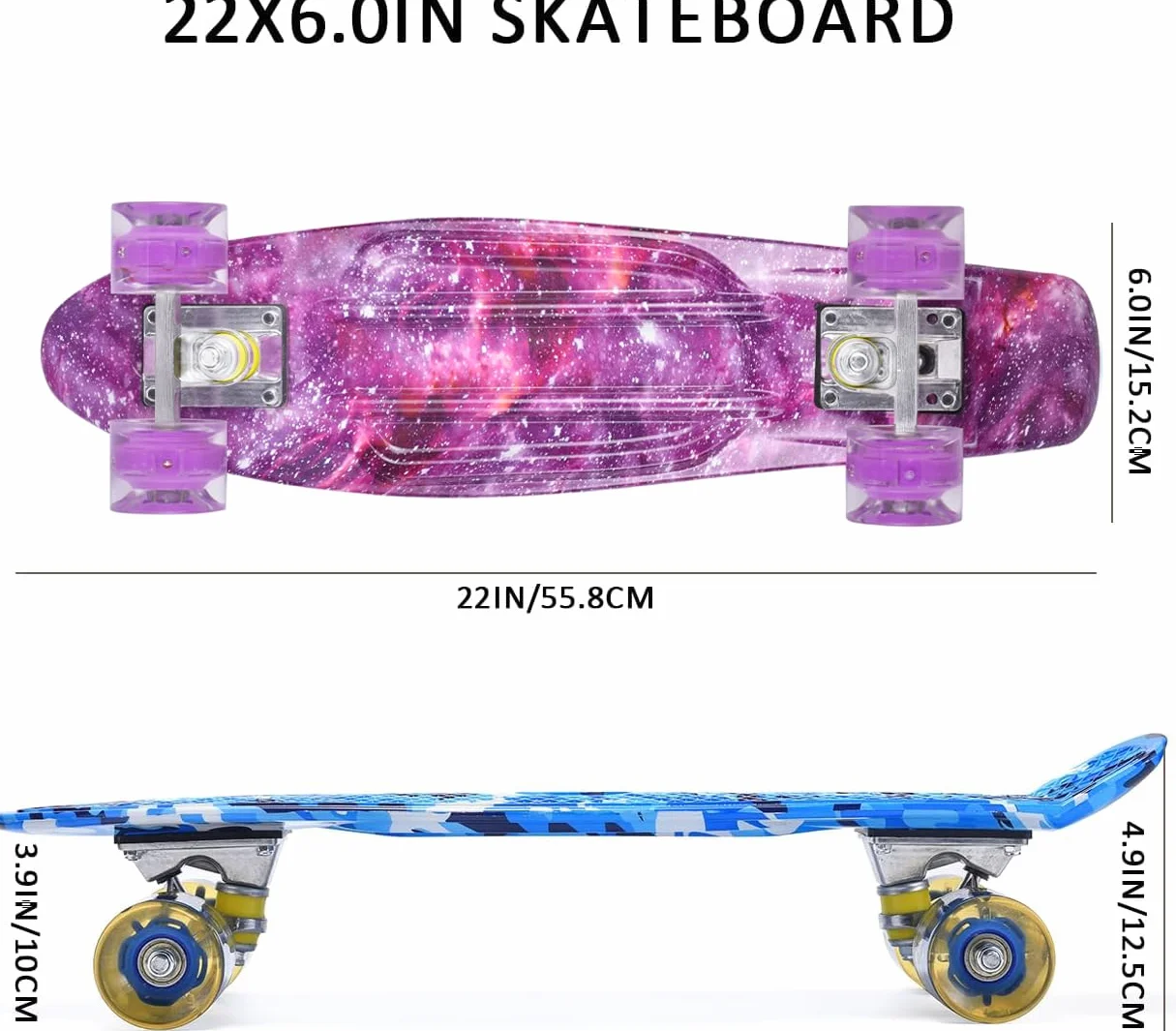 ERNAN Skateboard Complete 22 Inch Mini Cruiser, Rodamientos ABEC-7 y Ruedas 78A PU - para Niños, Adultos, Principiantes con Ruedas Light Up Complete Skateboard (Deep Purple)