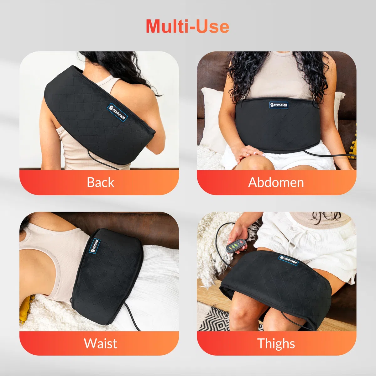 COMFIER Cinturón térmico con vibración para espalda, 147 x 22 cm, con 2 niveles de calor y 3 modos de masaje, almohadilla eléctrica con apagado automático