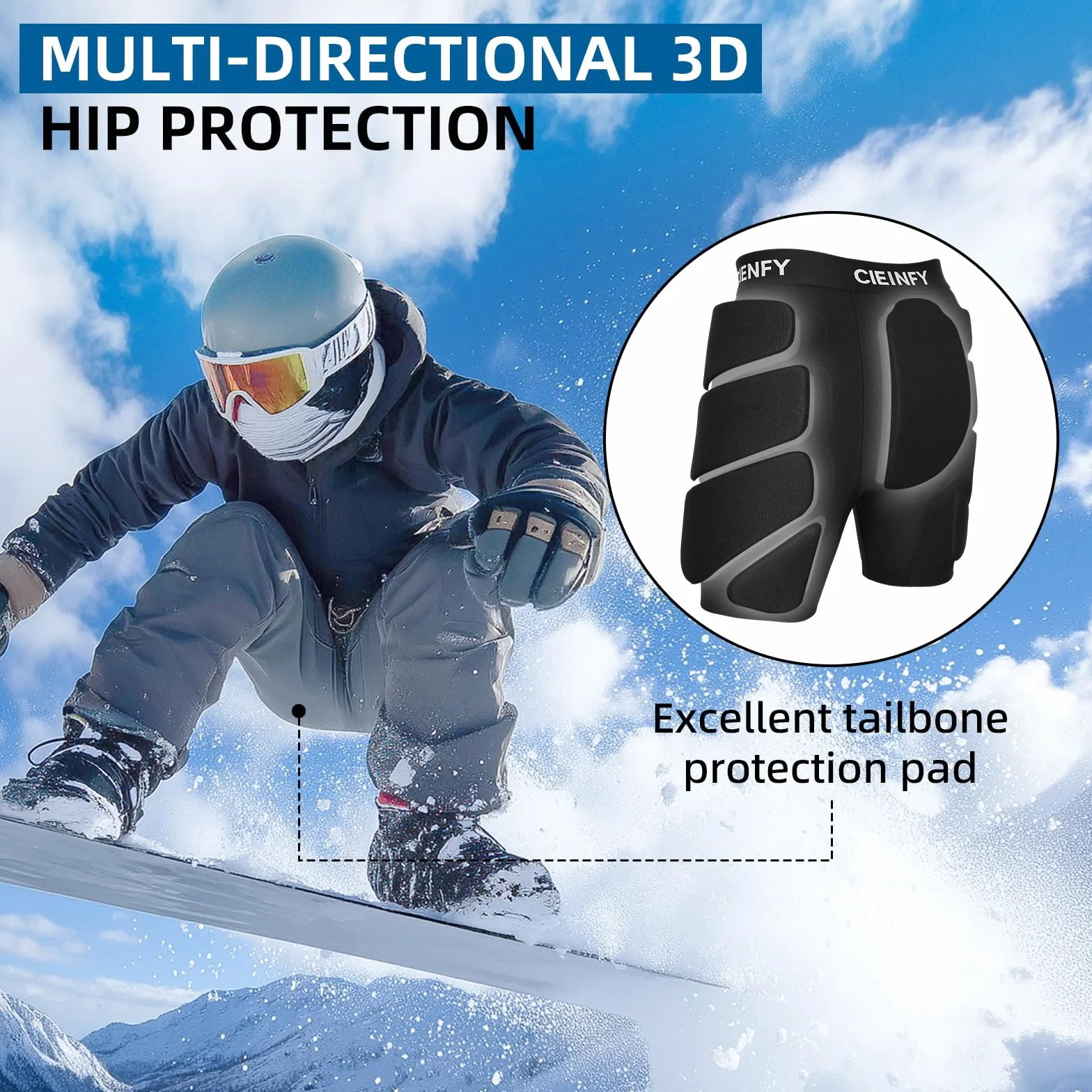 Cienfy Pantalones Cortos Acolchados Protectores de EVA para Snowboard, Patinaje y esquí, protección de Cadera 3D para Cadera, glúteos y coxis