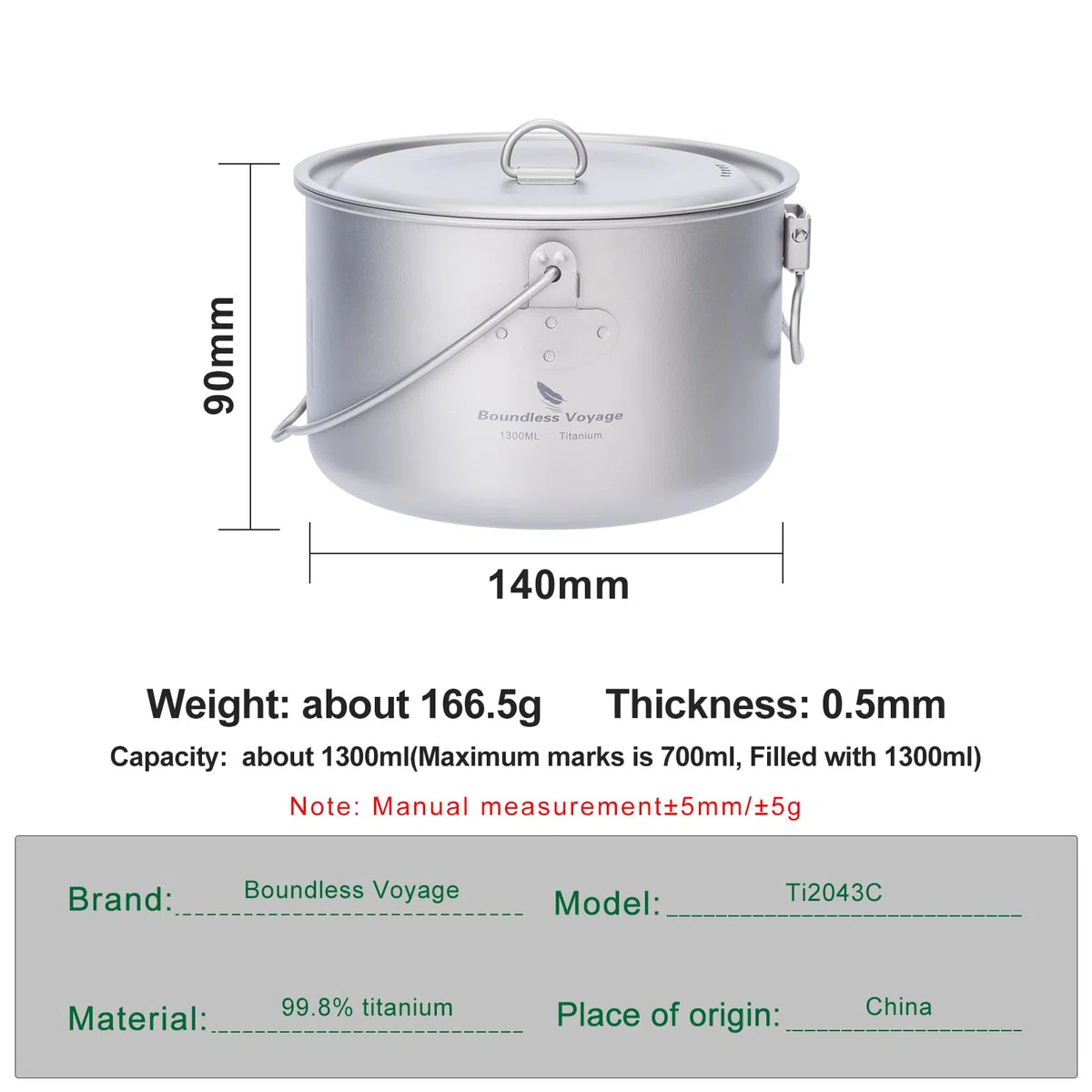 Boundless Voyage Camping Titanium olla colgante con mango plegable Picnic senderismo gran capacidad hervidor de cocina 1.3L 1.95L 2.9L