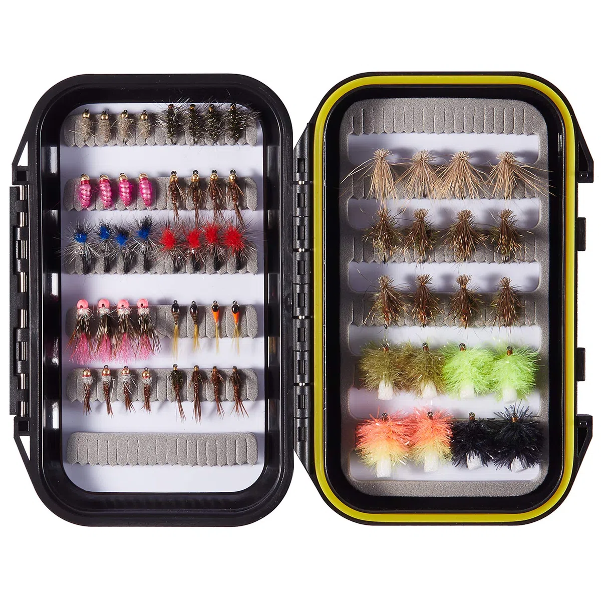 BASSDASH Kit de Moscas de Pesca con Mosca, Surtido de Moscas, Pesca de lubina con Caja de Moscas, 36/64/72/76/80/96 Piezas con Moscas secas/húmedas, ninfas, serpentinas, Popper