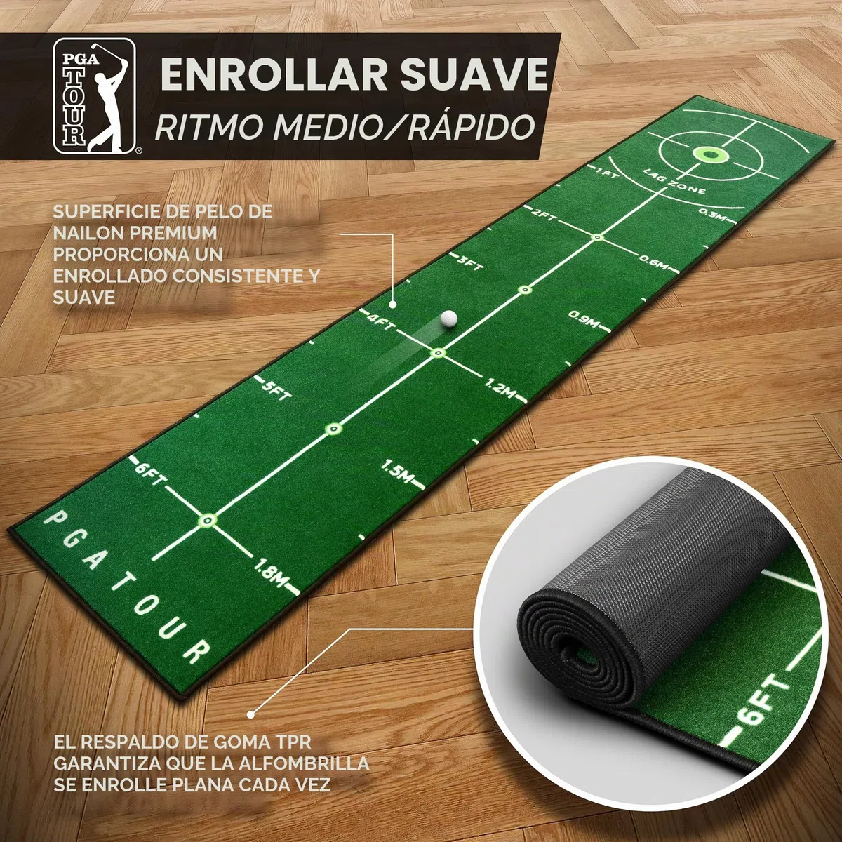 PGA Tour Alfombrilla de golf de lujo de 8 pies para golf de interior, alfombrilla de golf con directrices de entrenamiento, objetivo de agujero de tamaño completo, área de putt de 6 pies, verde, bolsa