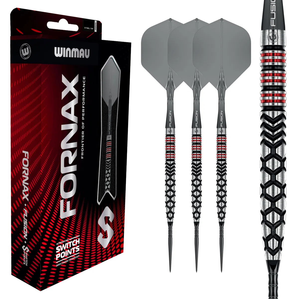 WINMAU Fornax Dardos profesionales 90% tungsteno, barriles paralelos y cónicos negros/rojos, punto de conmutación, 2 puntas, cañas cortas y plumas, dardos de 21/22/23/24 g