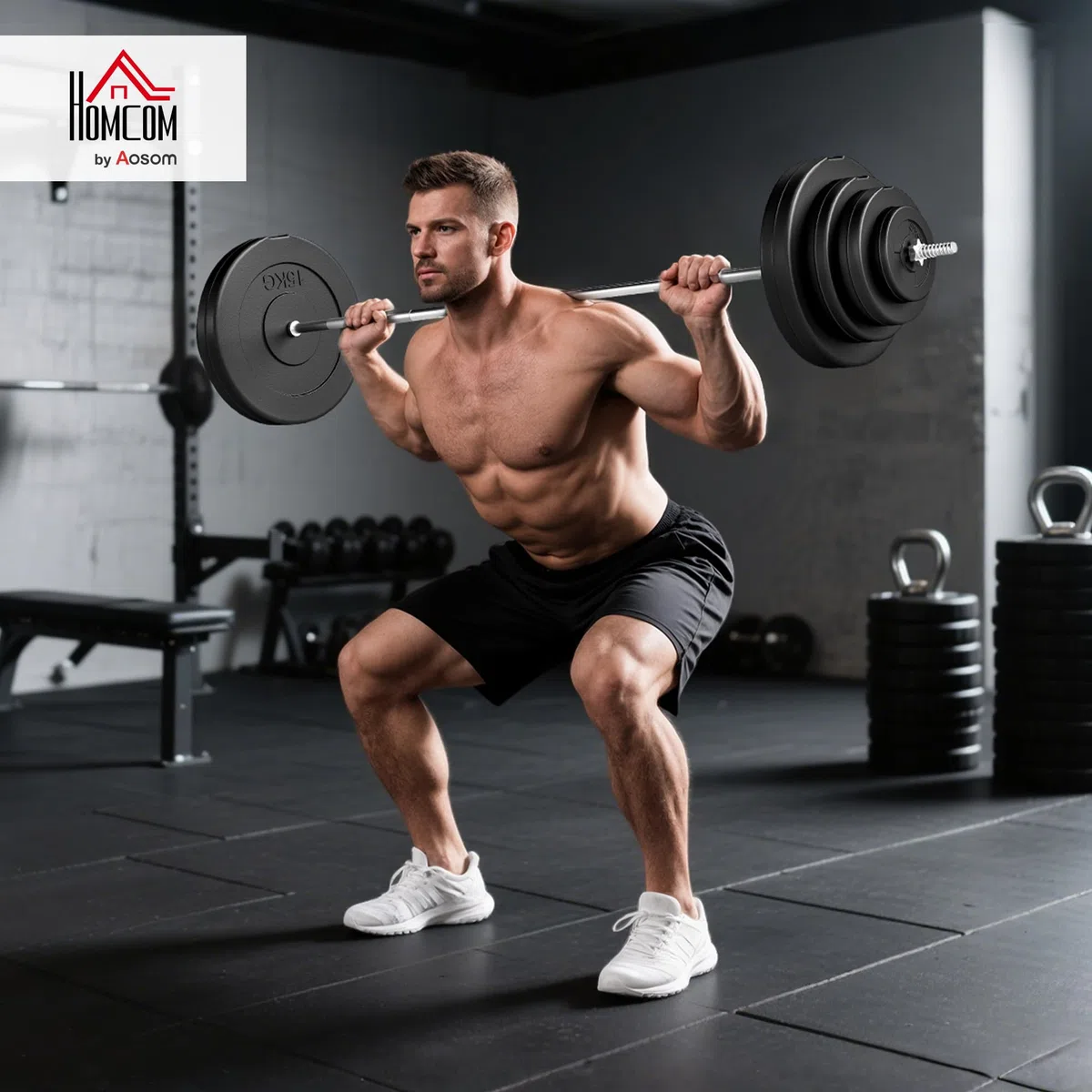 HOMCOM Barra de Pesas 70 kg con Mancuernas Set de Pesas Ajustables con 8 Discos 1,5kg 5kg 10kg 15kg y 1 Barra Juego de Mancuernas para Entrenamiento de Fuerza en Hogar Gimnasio 170x40,5x40,5 cm Negro