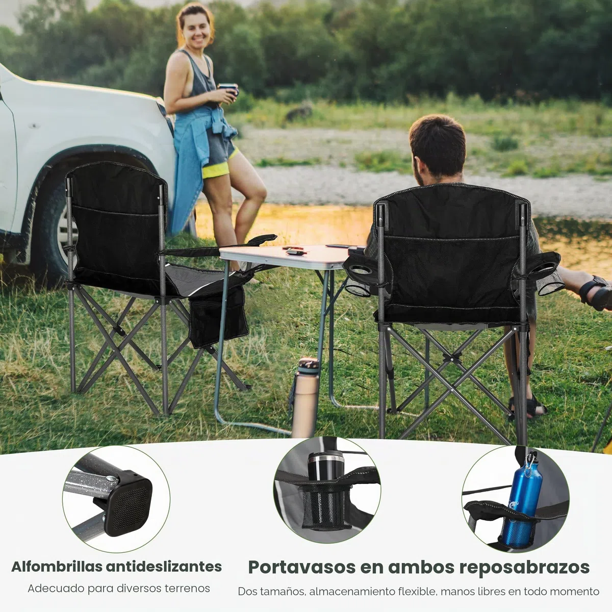 HIGH POINT SPORTS Silla de Camping Negro, Silla Camping Plegable Silla Plegable Portátil de Gran Tamaño, Silla Plegable Azul-Gris Resistente al Aire Libre 160KG Silla de Pesca (Negro 2 Piezas)