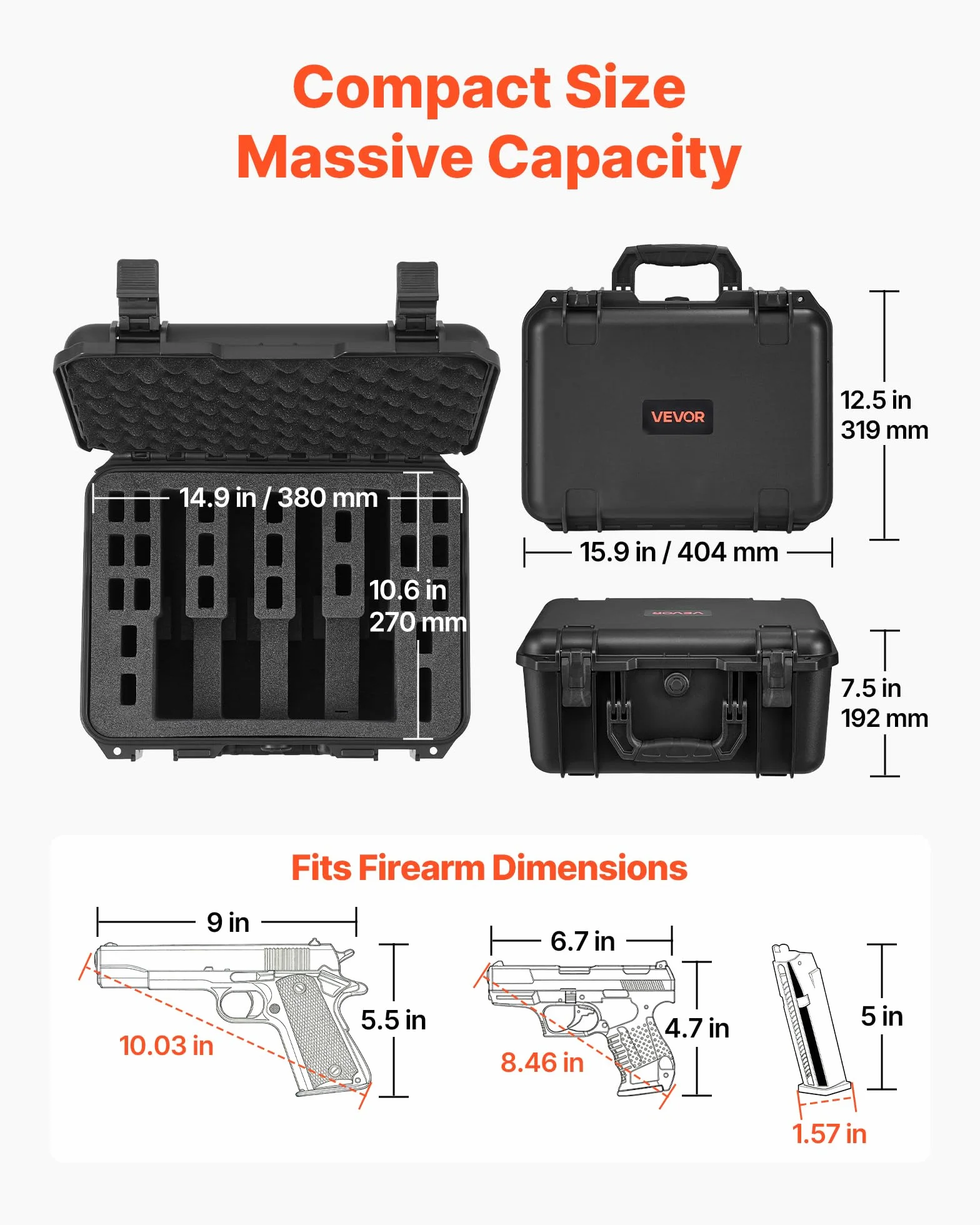 VEVOR Estuche Rígido para Pistola con Revestimiento de Espuma XPE, Funda para 4 Pistolas, Resistente al Agua y Polvo con Interior Personalizable y Asa 404 x 319 x 192 mm, Negro, Cumple con la TSA