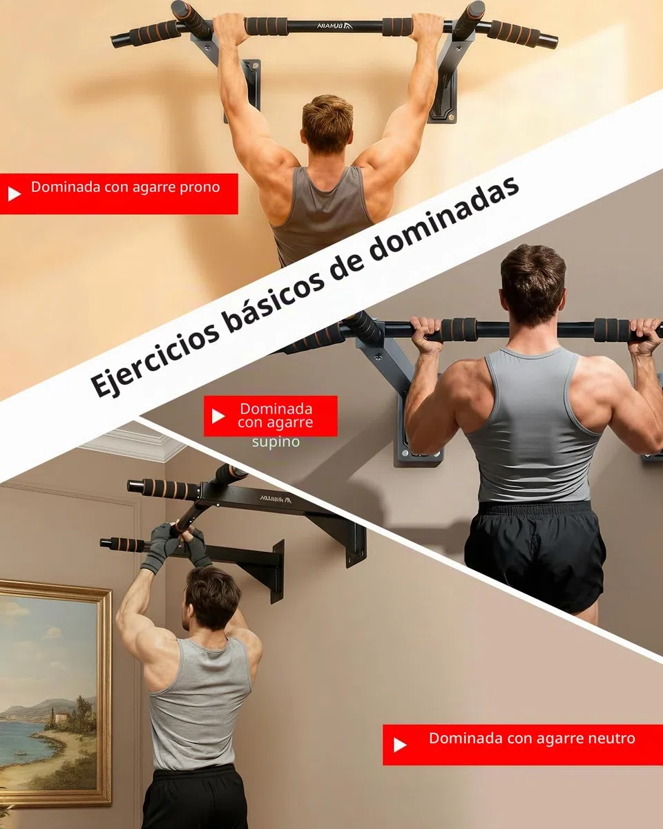 Abahub Barra de Dominadas con 3 Agarre y Estructura Triangular, Montaje a Pared (200kg) - Ideal para Calistenia y un Home Gym Seguro – Negro/Naranja